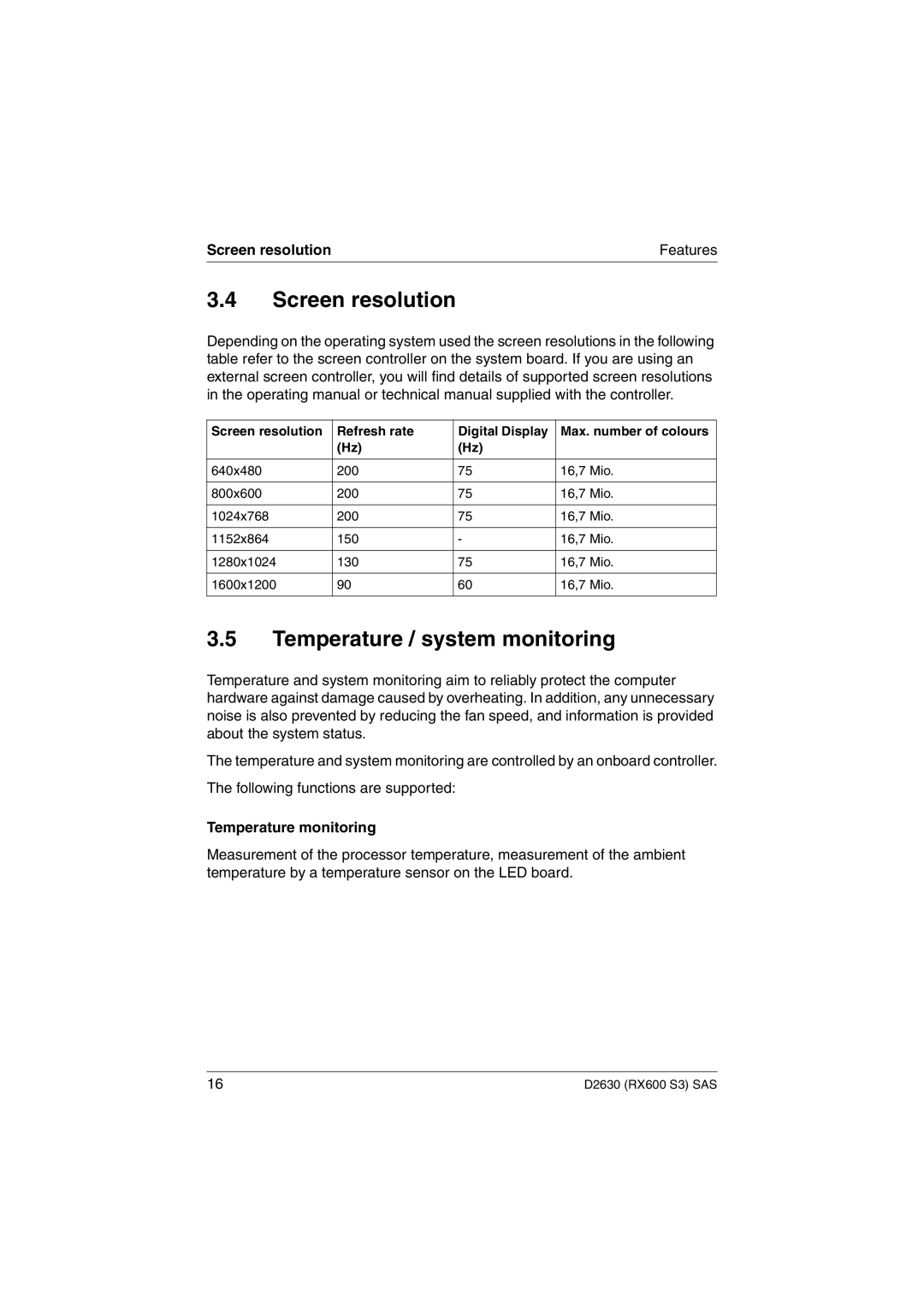 Fujitsu D2630 technical manual Screen resolution, Temperature / system monitoring, Temperature monitoring 