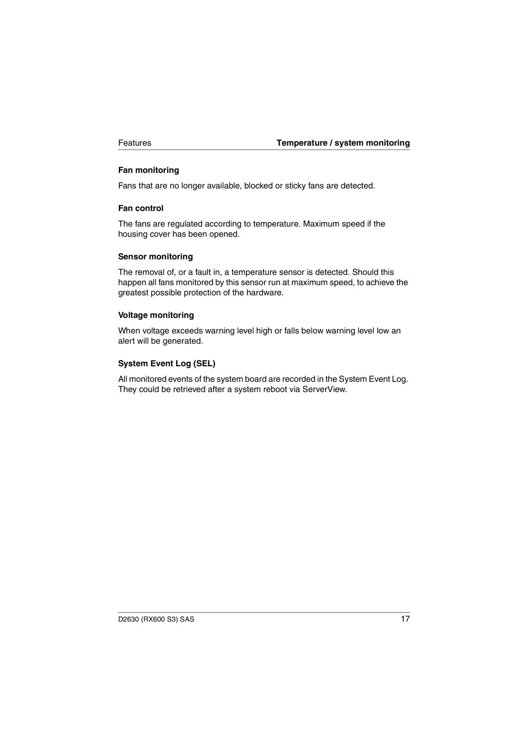 Fujitsu D2630 technical manual Fan monitoring, Fan control, Sensor monitoring, Voltage monitoring, System Event Log SEL 