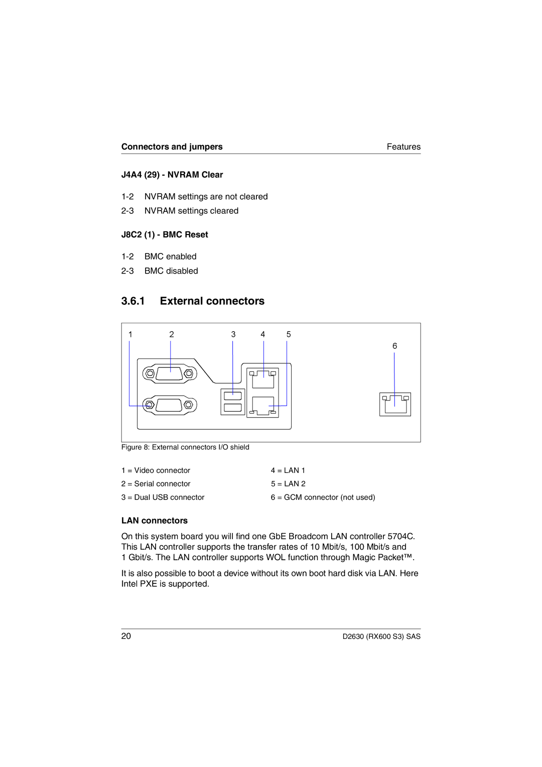 Fujitsu D2630 technical manual J4A4 29 Nvram Clear, J8C2 1 BMC Reset, LAN connectors 