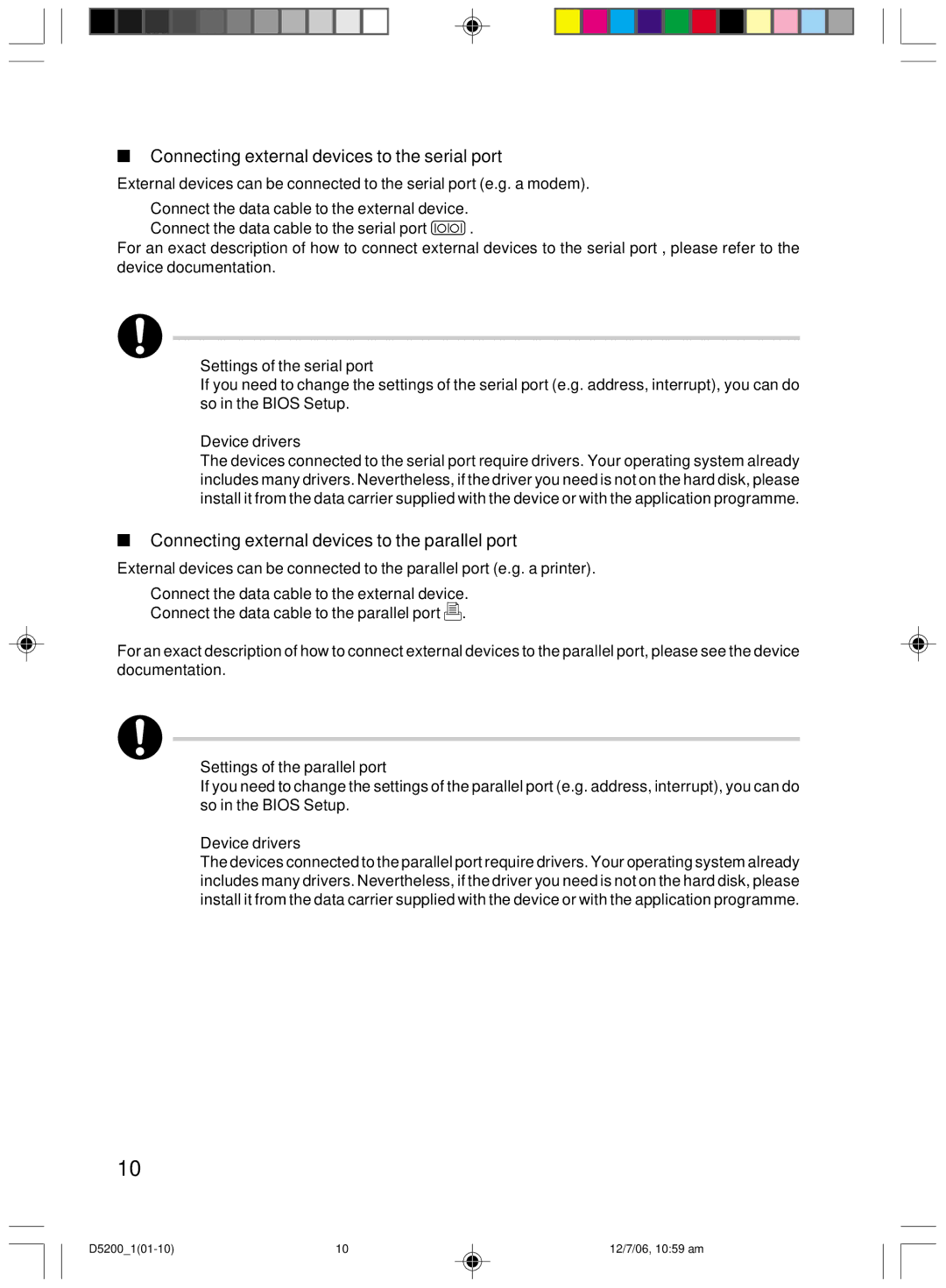 Fujitsu D5200 user manual Connecting external devices to the serial port, Connecting external devices to the parallel port 