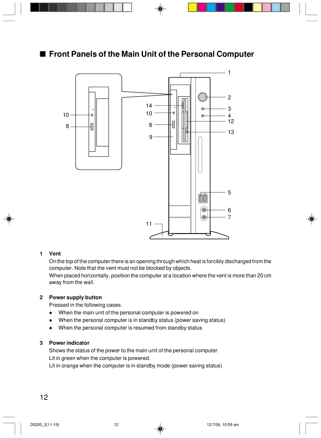 Fujitsu D5200 user manual Front Panels of the Main Unit of the Personal Computer, Vent, Power indicator 