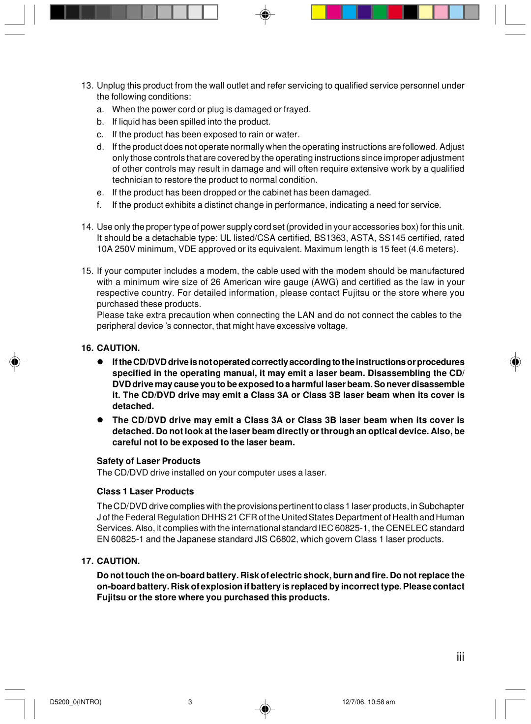 Fujitsu D5200 user manual Class 1 Laser Products 