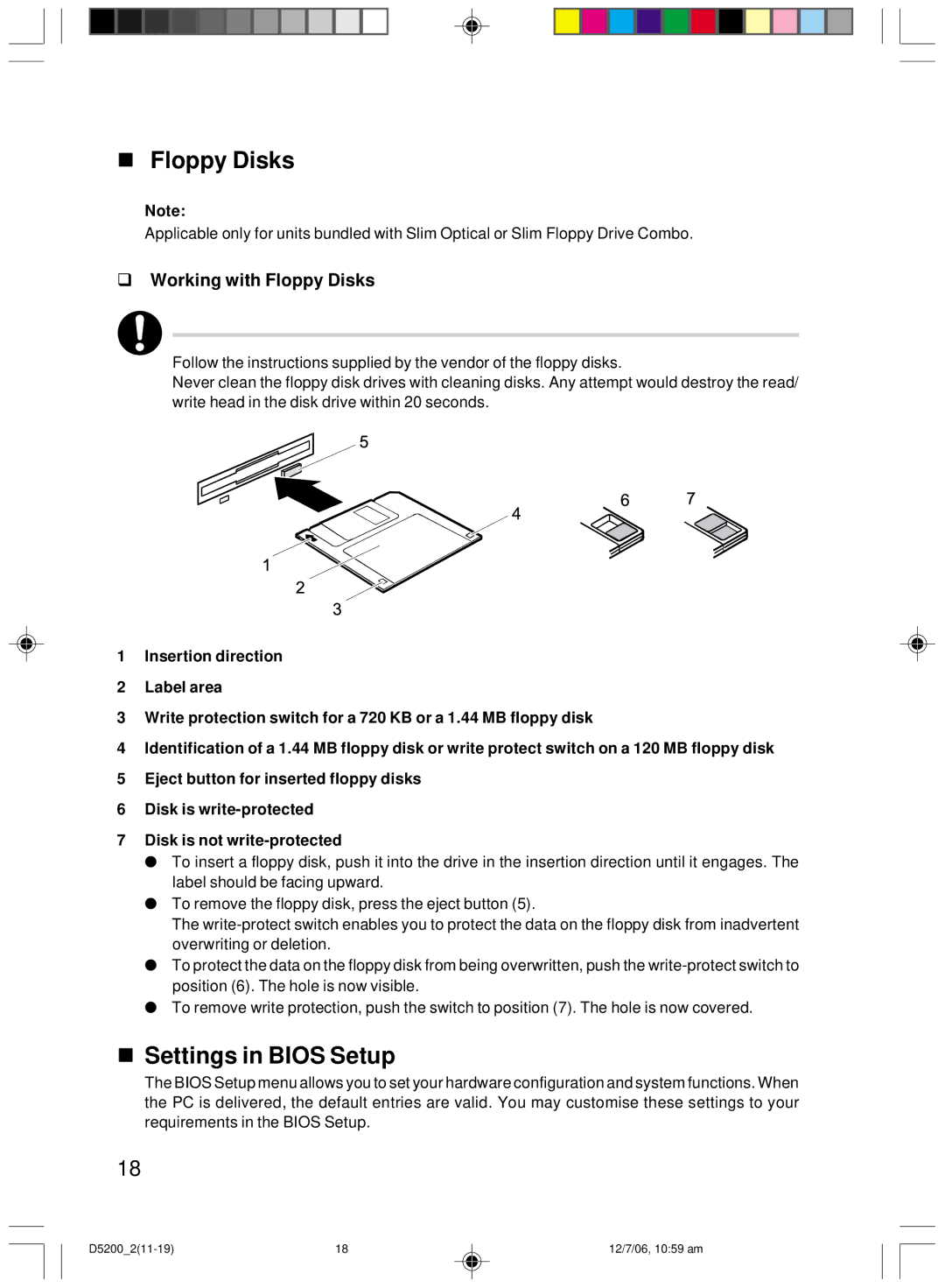 Fujitsu D5200 user manual Settings in Bios Setup, Working with Floppy Disks 