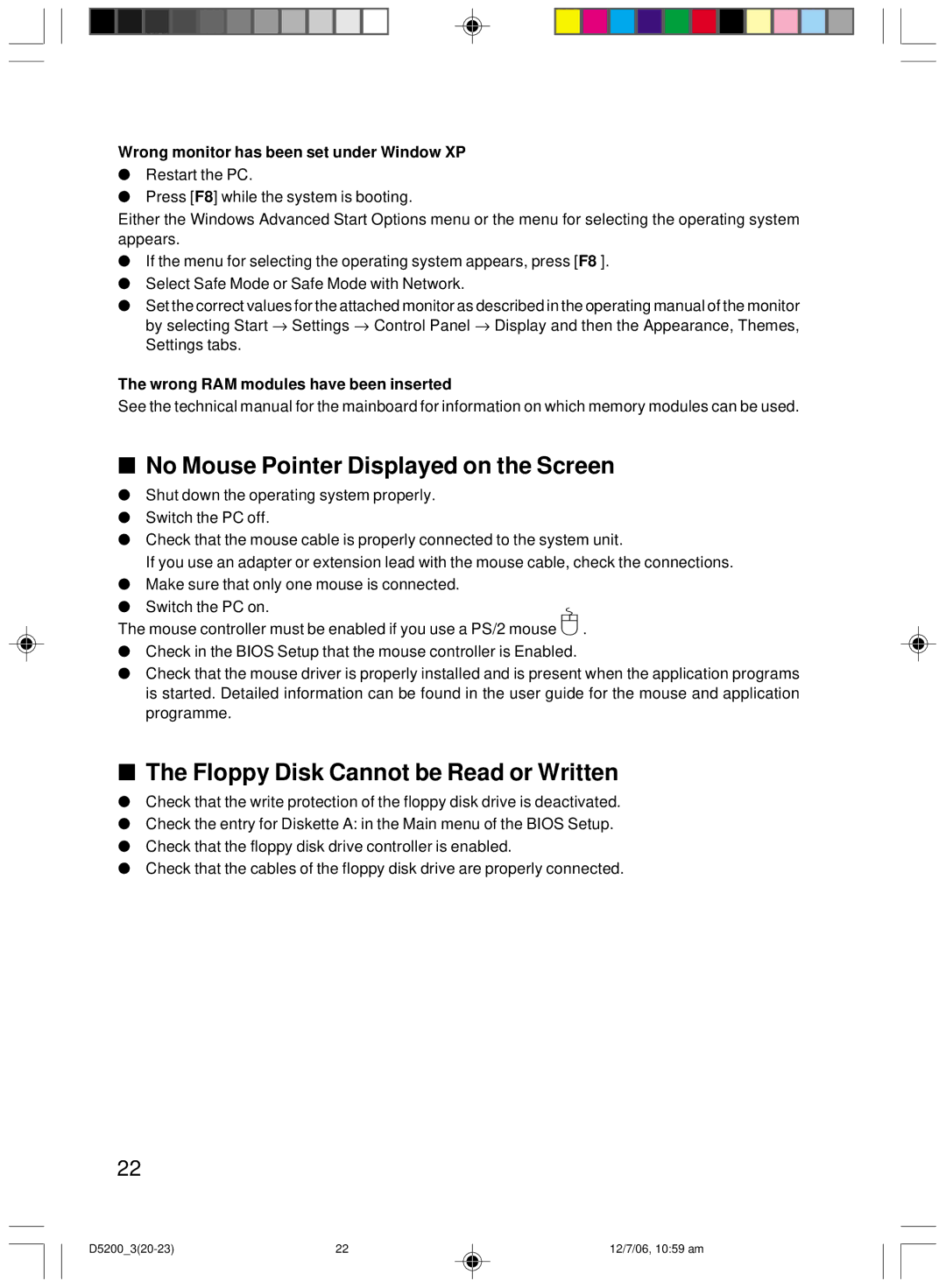 Fujitsu D5200 user manual No Mouse Pointer Displayed on the Screen, Floppy Disk Cannot be Read or Written 