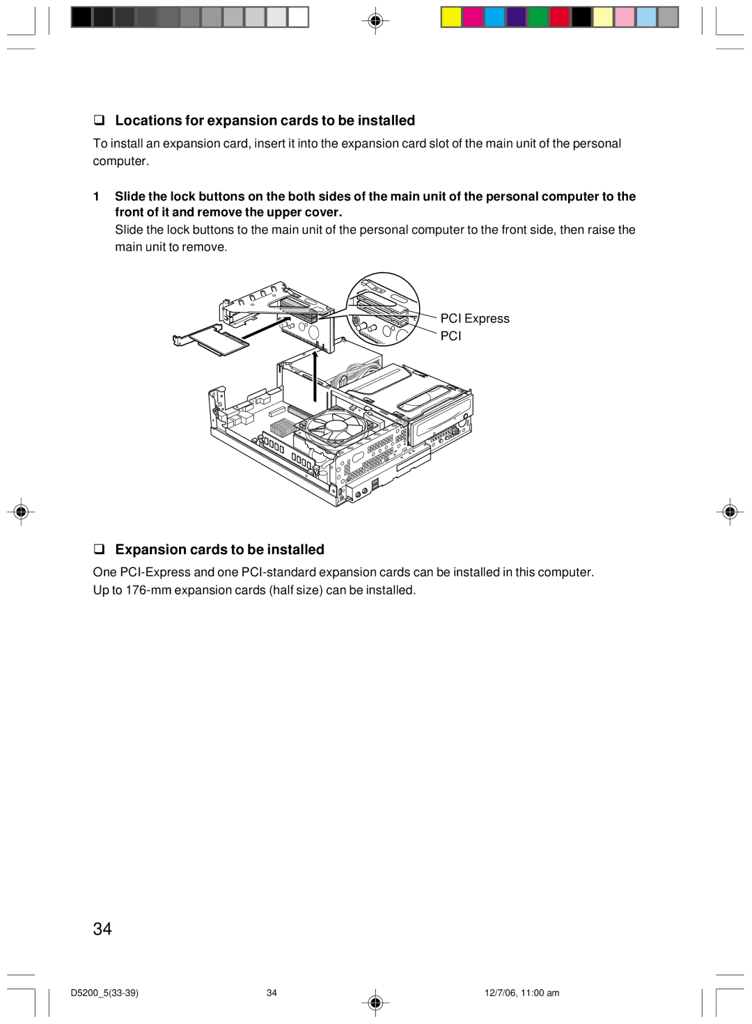 Fujitsu D5200 user manual Locations for expansion cards to be installed, Expansion cards to be installed 