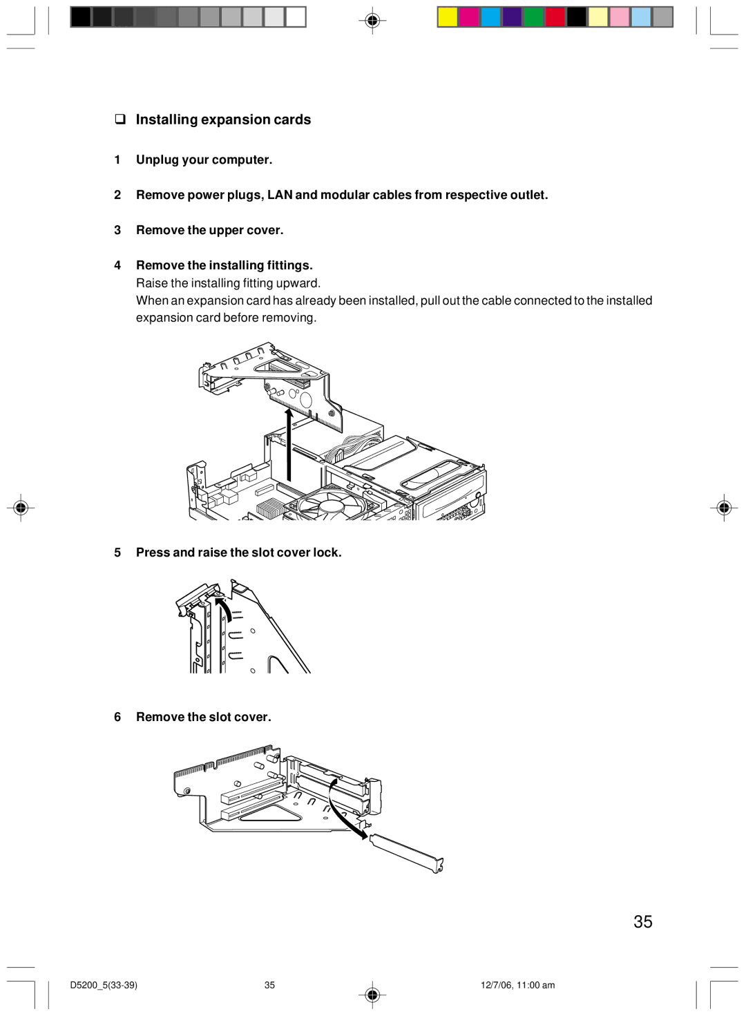 Fujitsu D5200 user manual Installing expansion cards, Press and raise the slot cover lock Remove the slot cover 