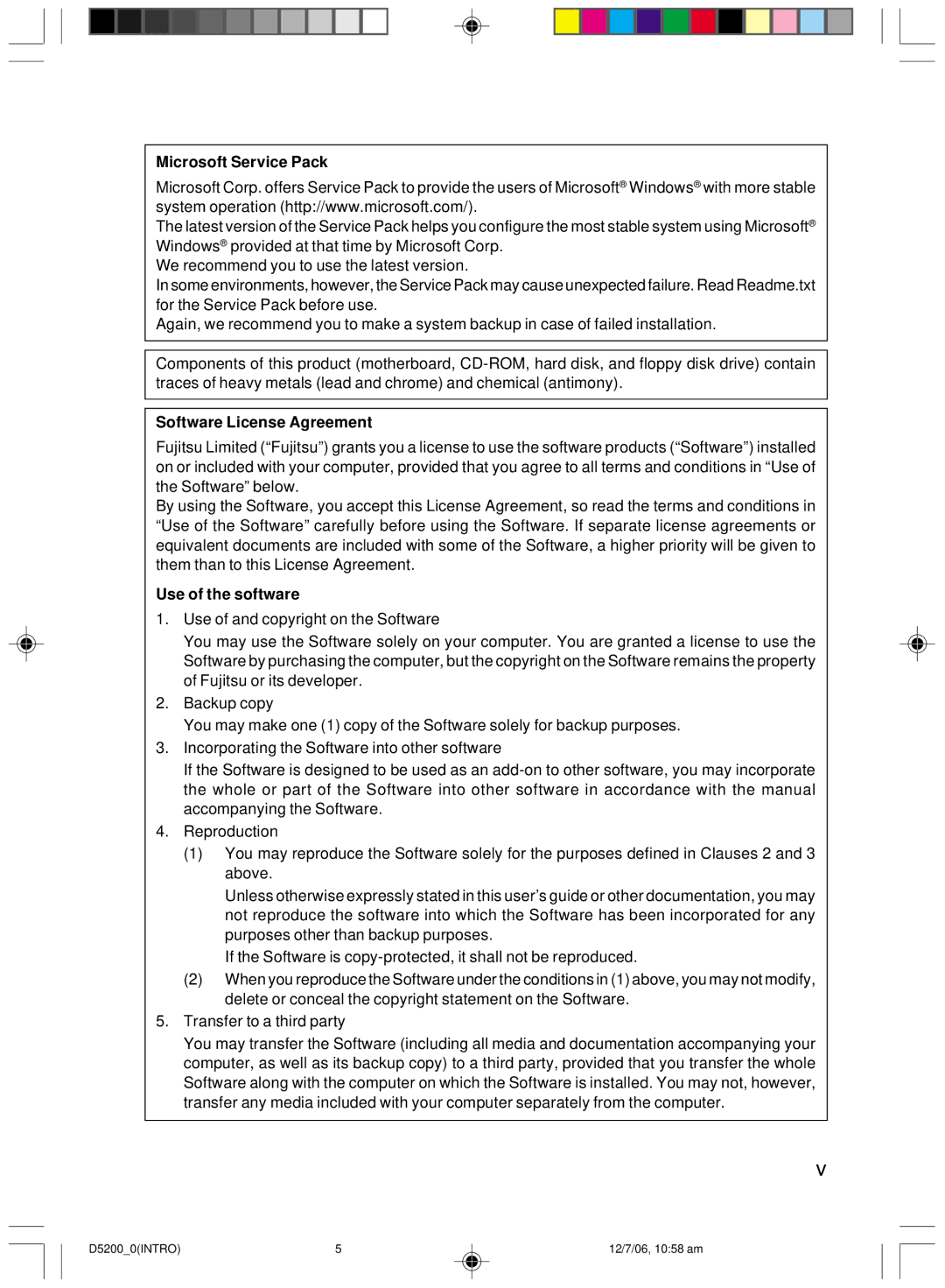 Fujitsu D5200 user manual Microsoft Service Pack, Software License Agreement, Use of the software 