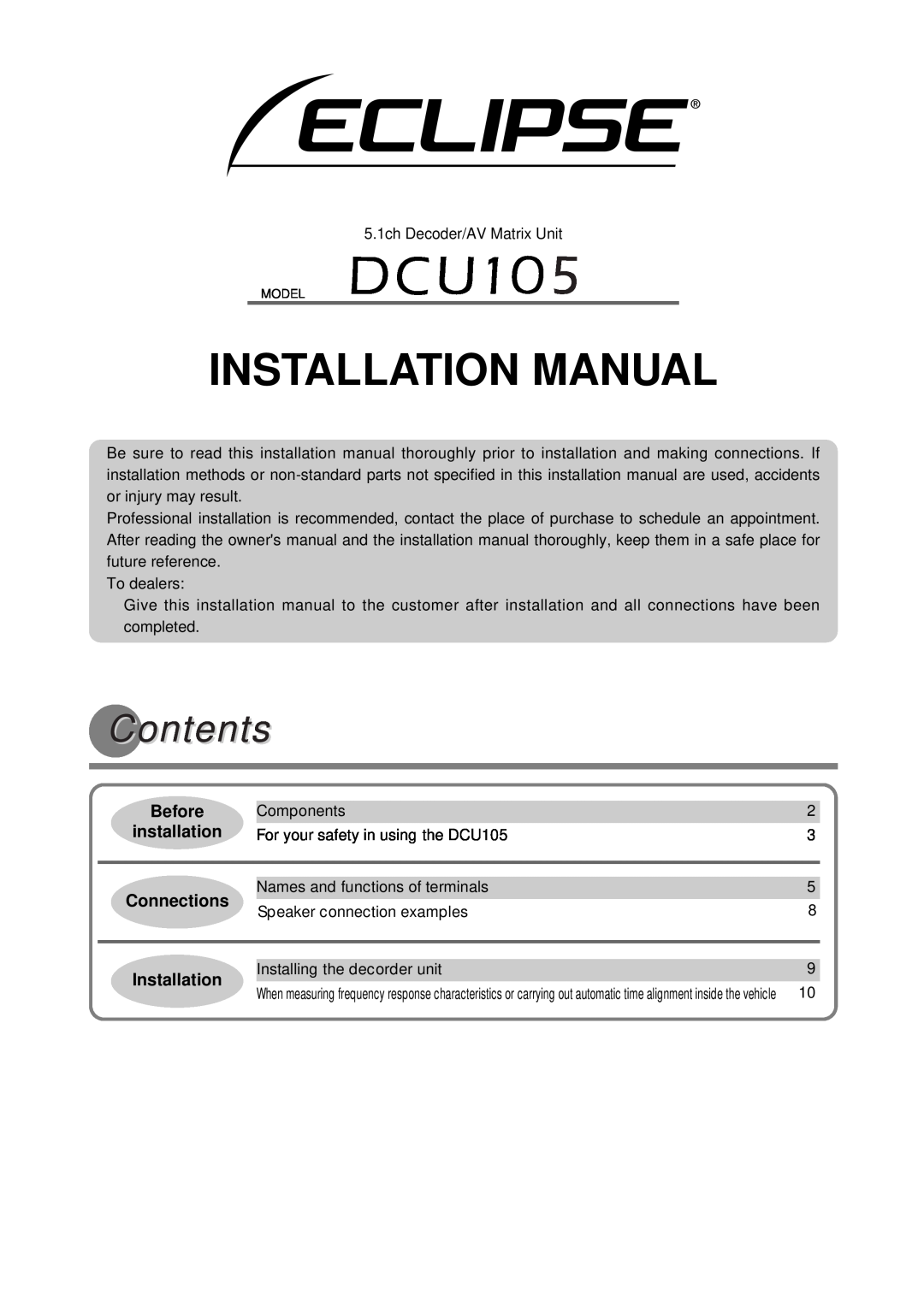 Fujitsu DCU105 3 installation manual Installation Manual, Contents, Before, Connections 