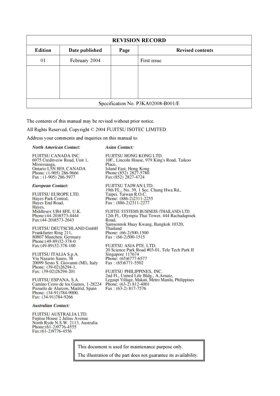 Fujitsu DL3750+ manual Revision Record, Specification No. P3KA02008-B001/E 