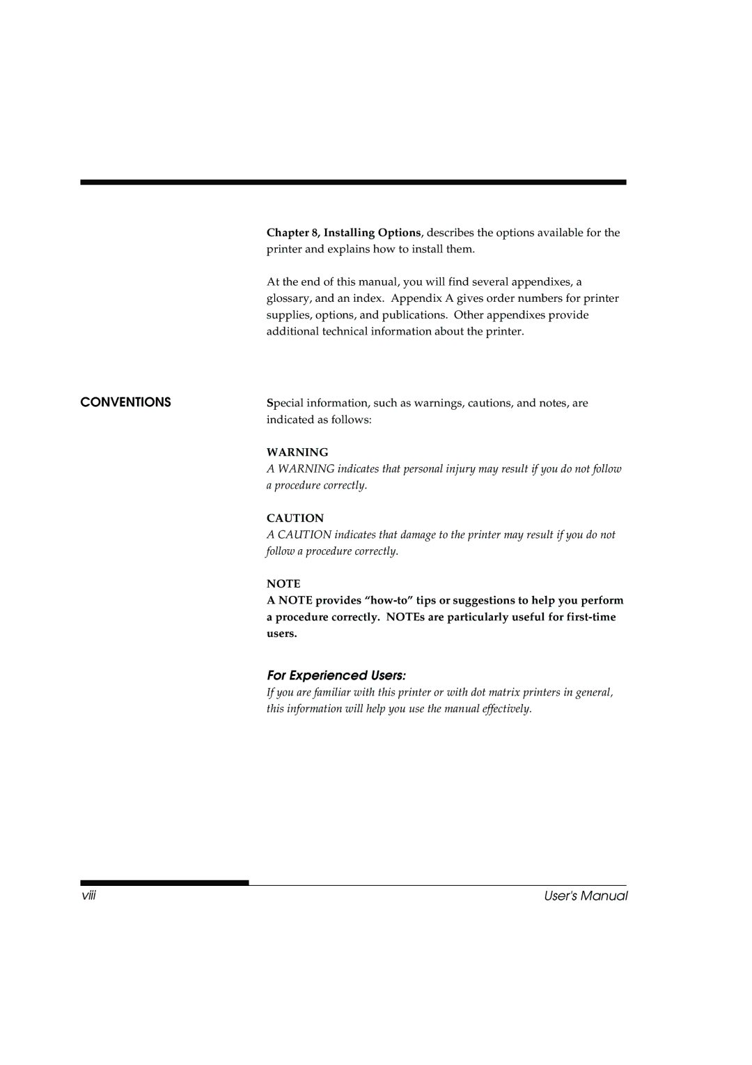 Fujitsu DL3800 manual Viii, Indicated as follows, Users 