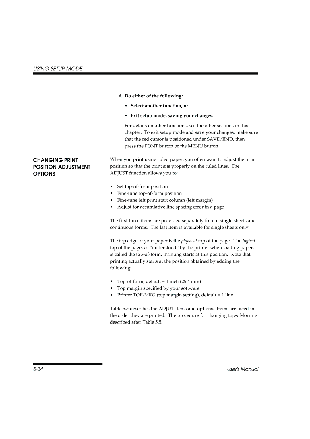 Fujitsu DL3800 manual Changing Print Position Adjustment Options 