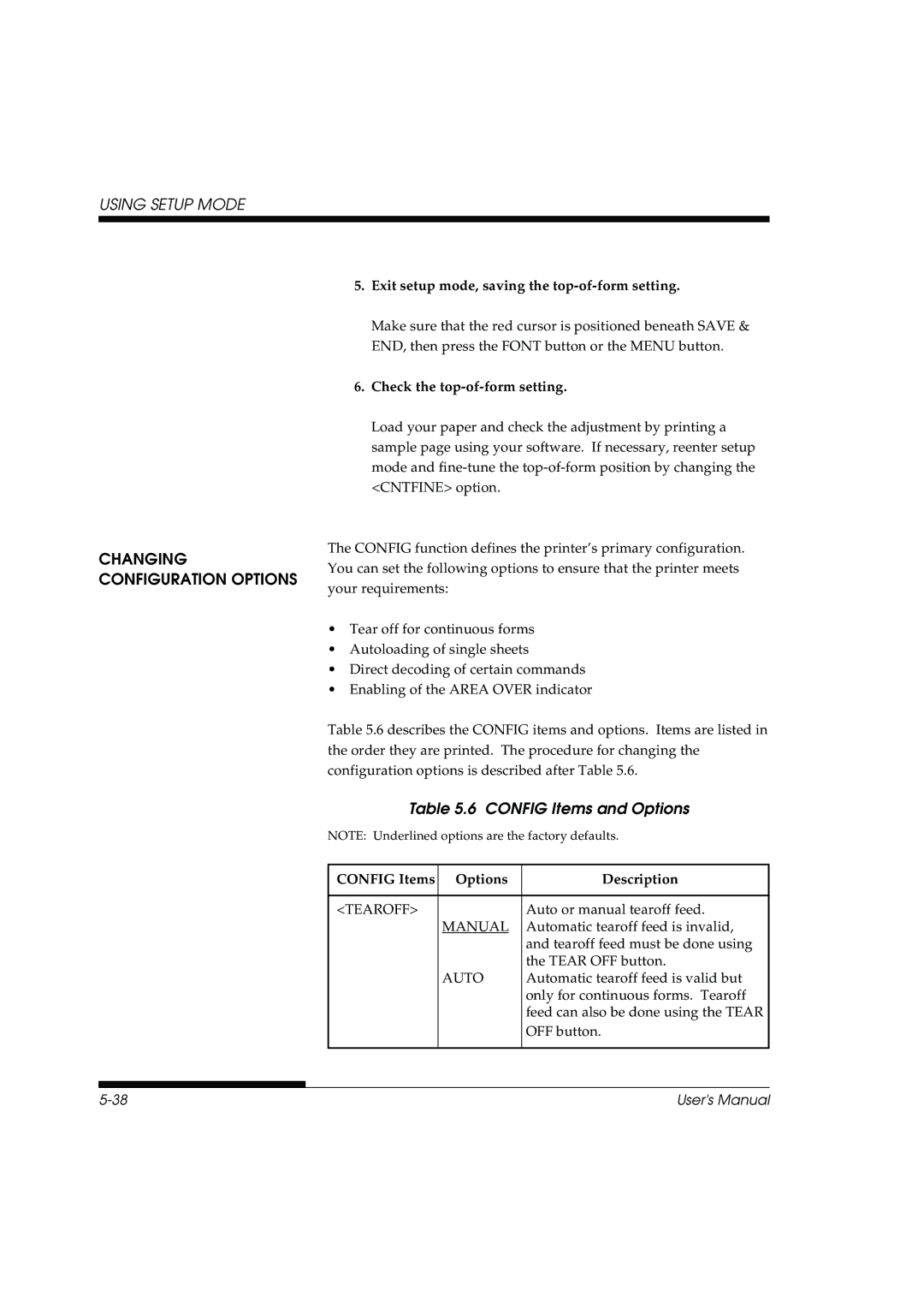 Fujitsu DL3800 Changing Configuration Options, Config Items and Options, Exit setup mode, saving the top-of-form setting 