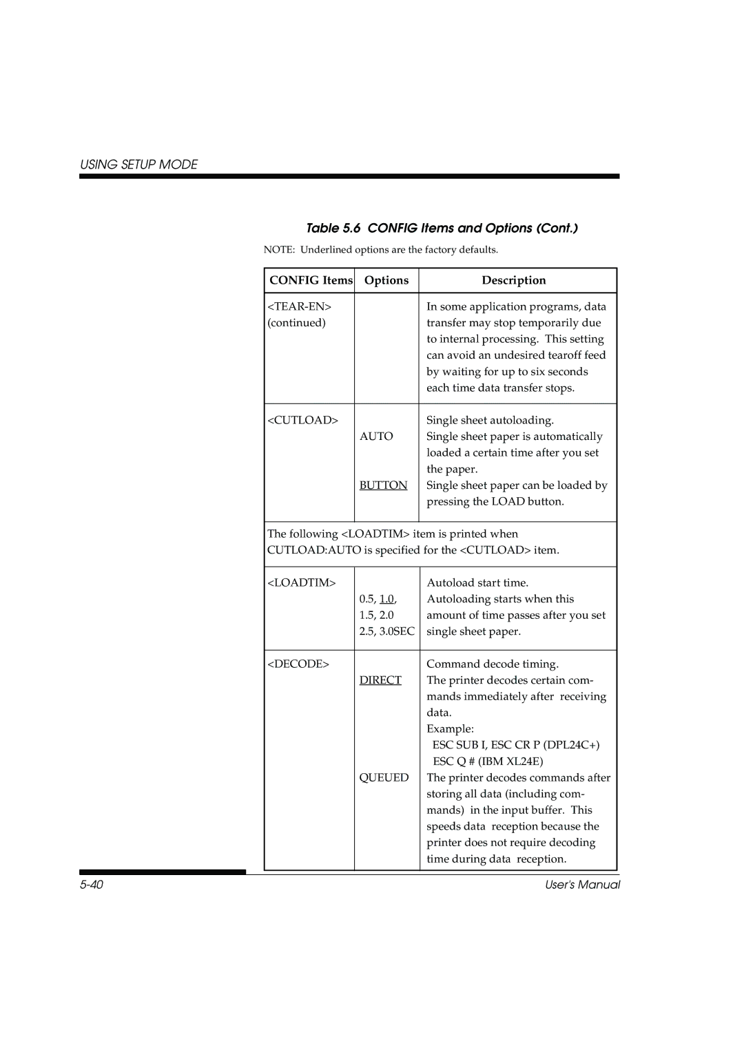 Fujitsu DL3800 manual Cutload, Button, Loadtim, Decode, Direct, ESC SUB I, ESC CR P DPL24C+ ESC Q # IBM XL24E Queued 