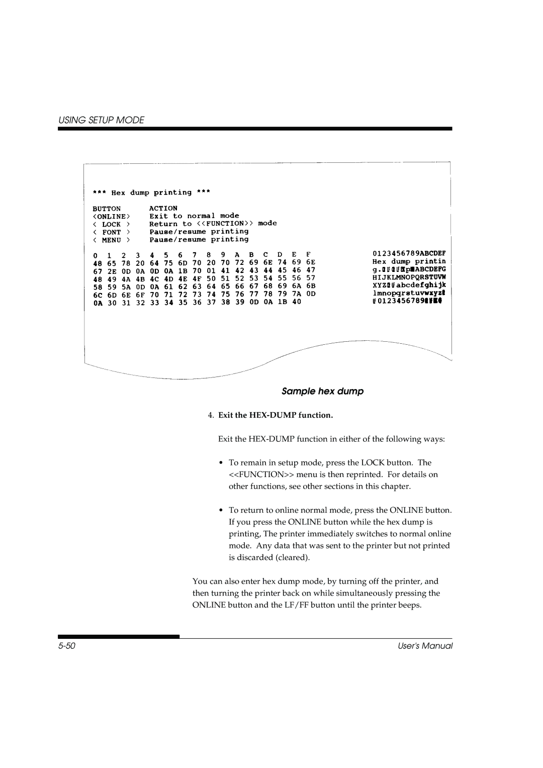 Fujitsu DL3800 manual Sample hex dump, Exit the HEX-DUMP function 