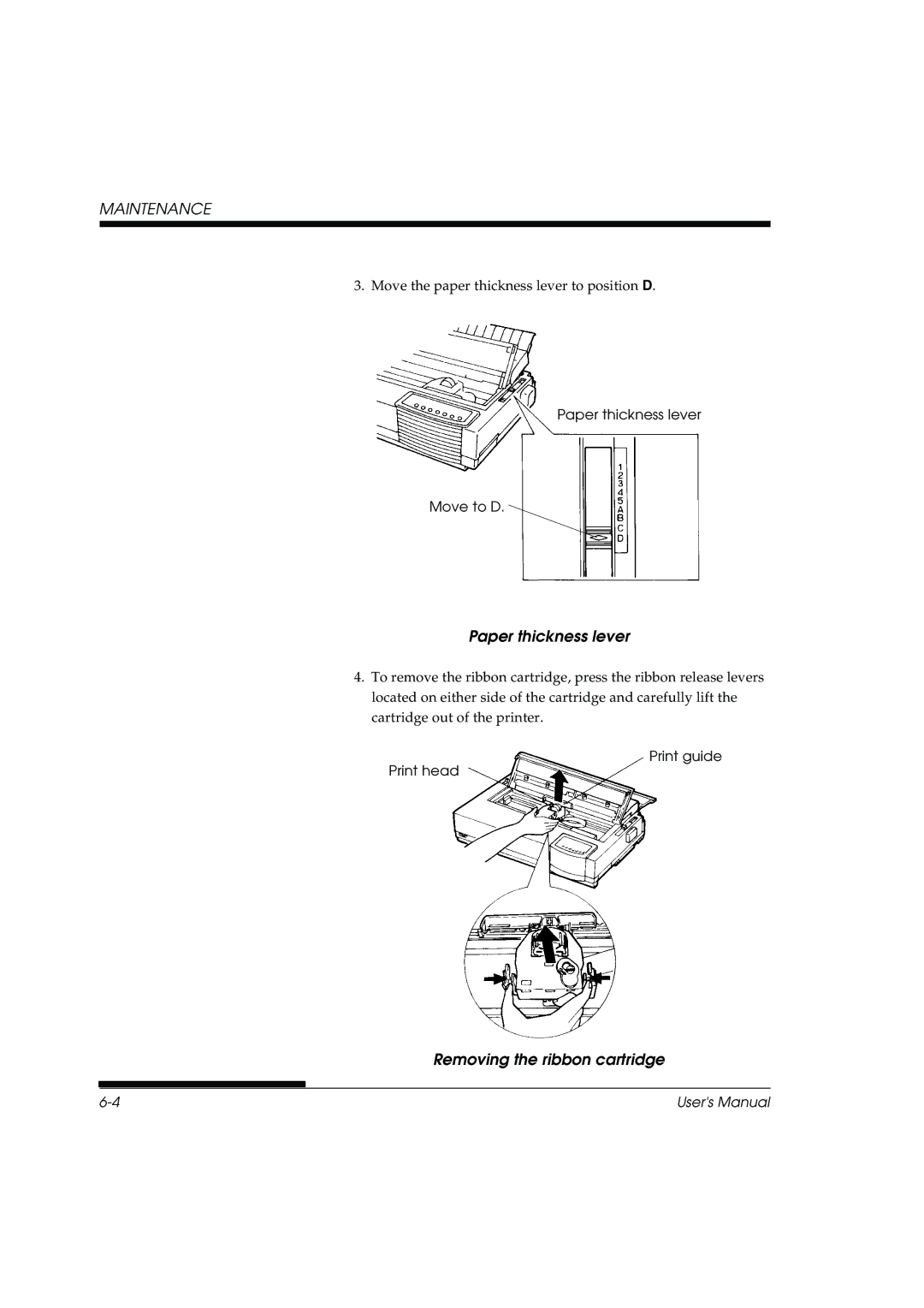 Fujitsu DL3800 manual Paper thickness lever, Removing the ribbon cartridge 