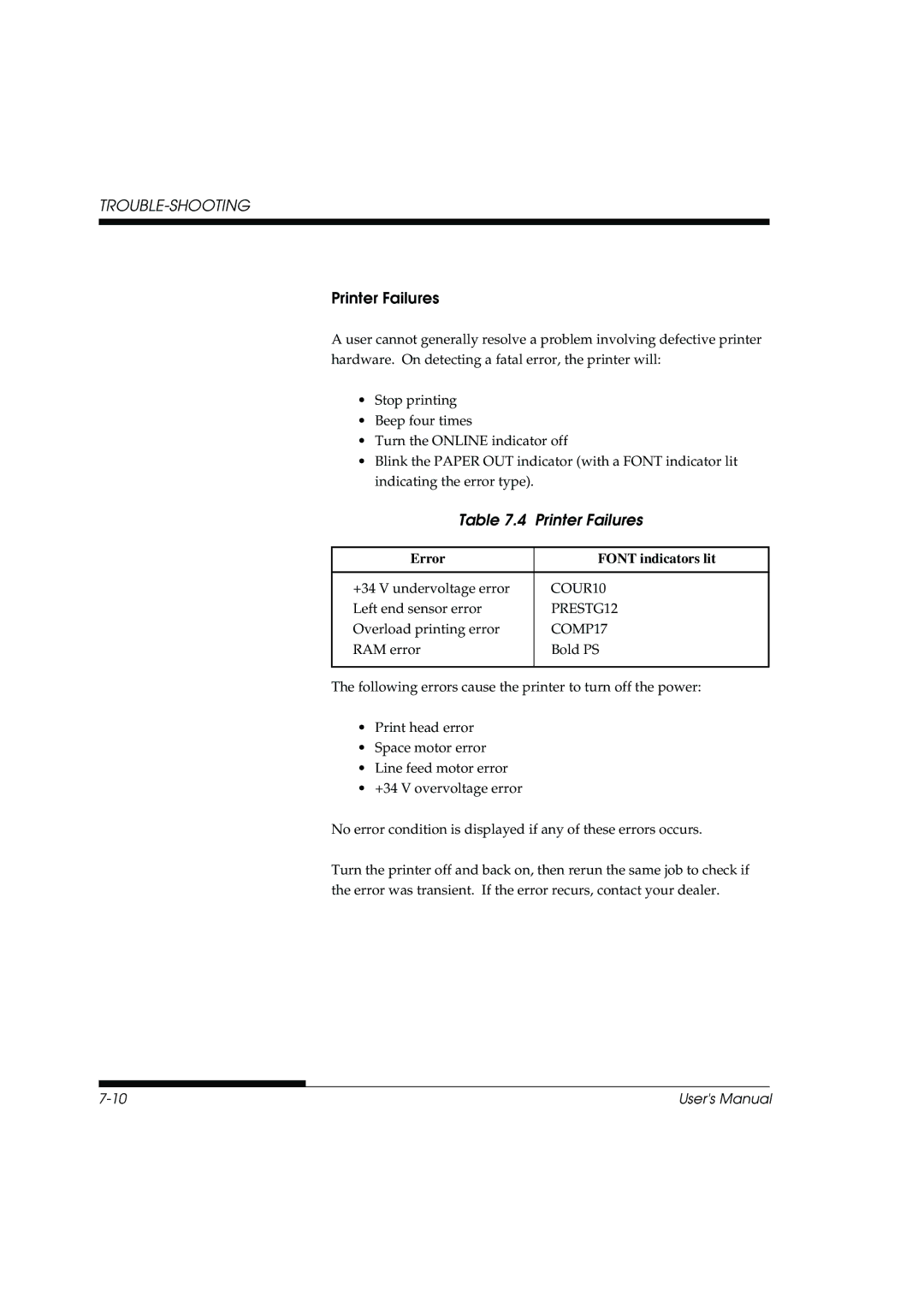 Fujitsu DL3800 manual Printer Failures, Error Font indicators lit, COUR10, PRESTG12, COMP17 