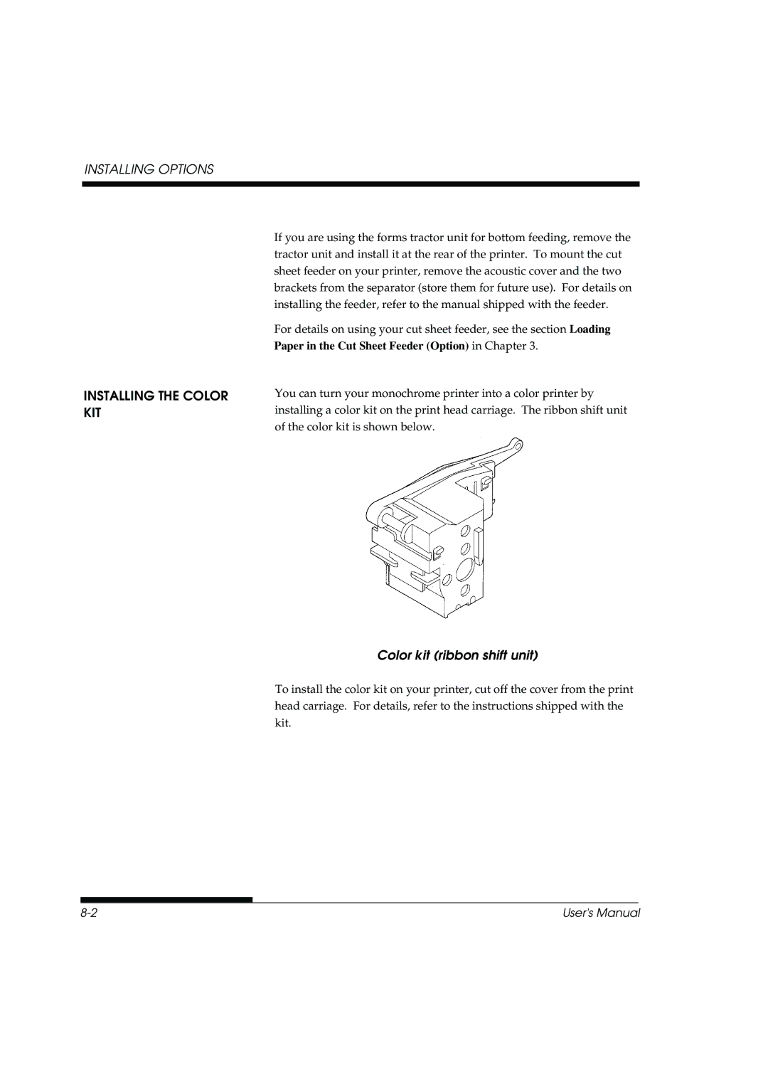 Fujitsu DL3800 manual Installing Options, Installing the Color KIT, Color kit ribbon shift unit 