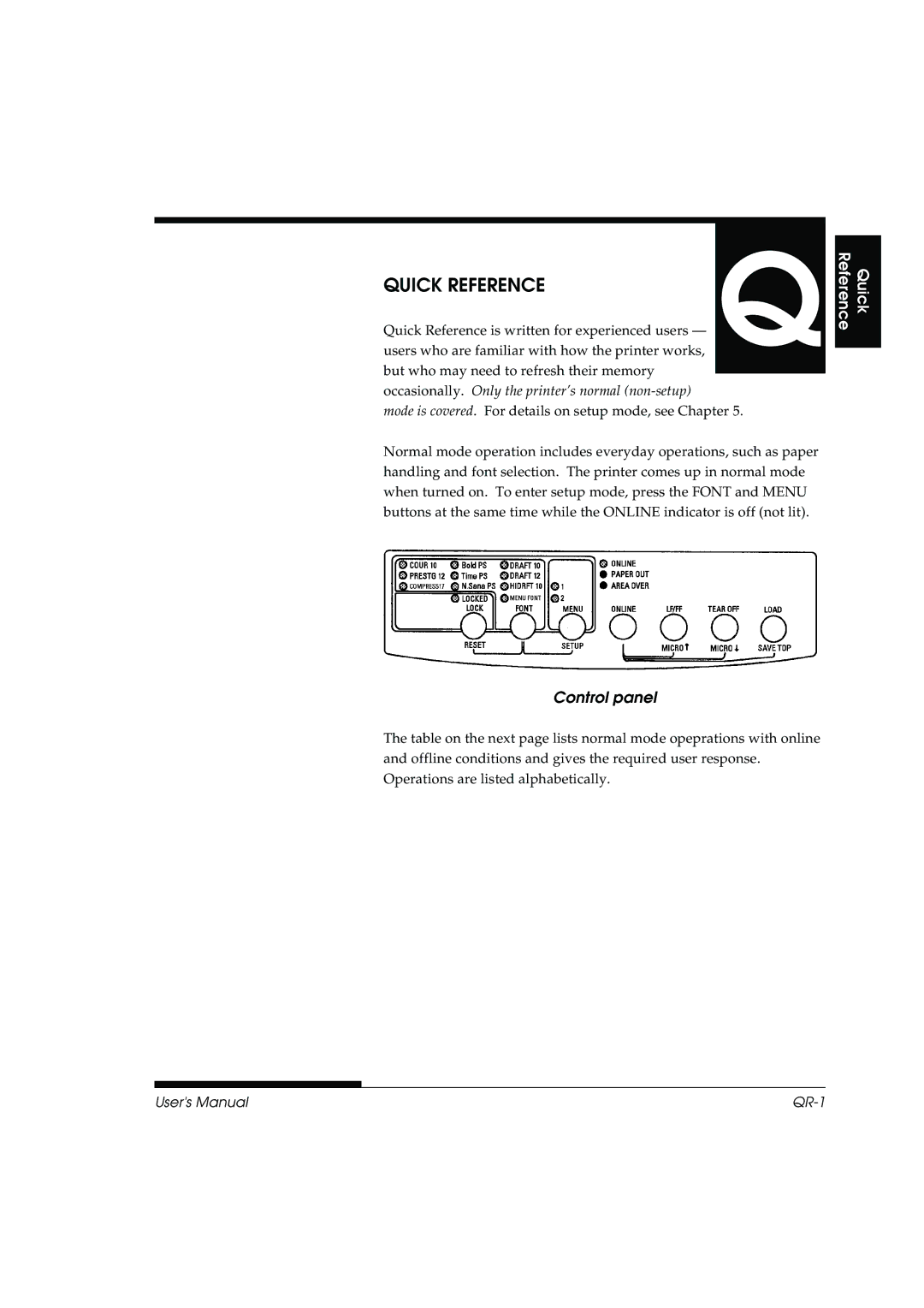 Fujitsu DL3800 manual Quick Reference, Control panel 