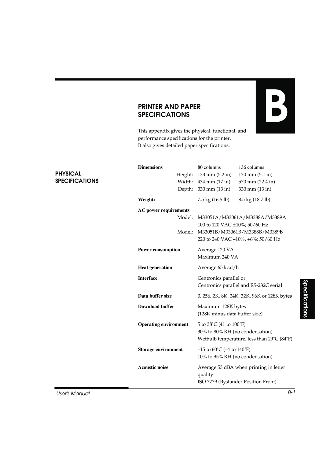 Fujitsu DL3800 manual Physical Specifications 