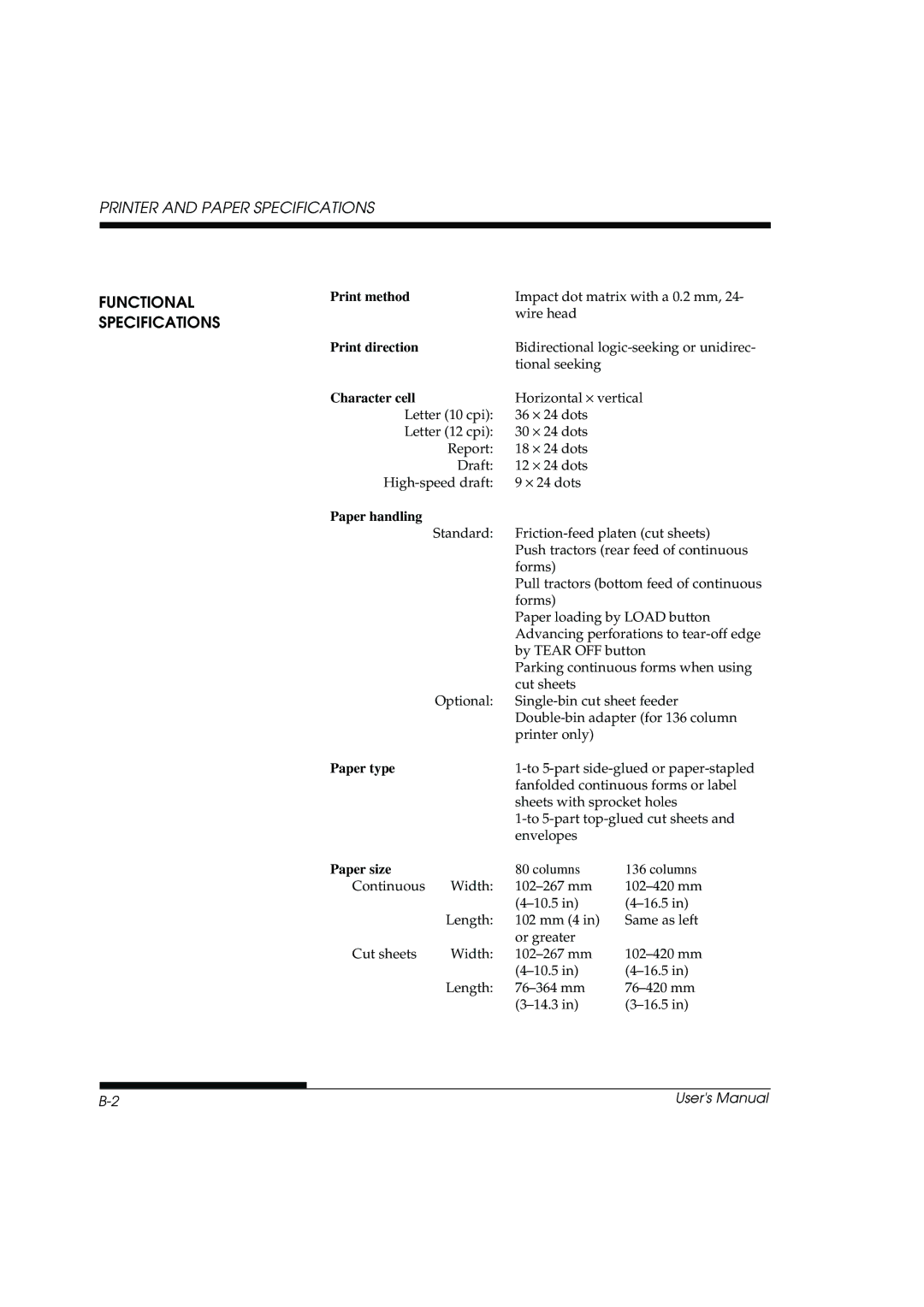 Fujitsu DL3800 manual Printer and Paper Specifications, Functional Specifications 