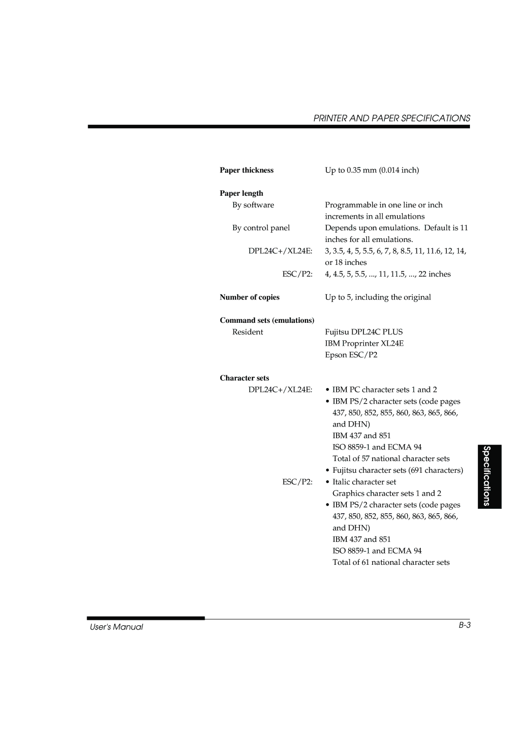 Fujitsu DL3800 manual Paper thickness, Paper length, Number of copies, Command sets emulations, Character sets 