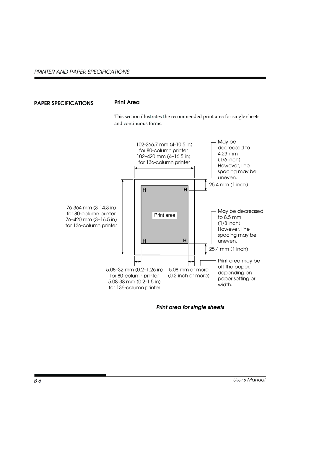 Fujitsu DL3800 manual Paper Specifications, Print area for single sheets 