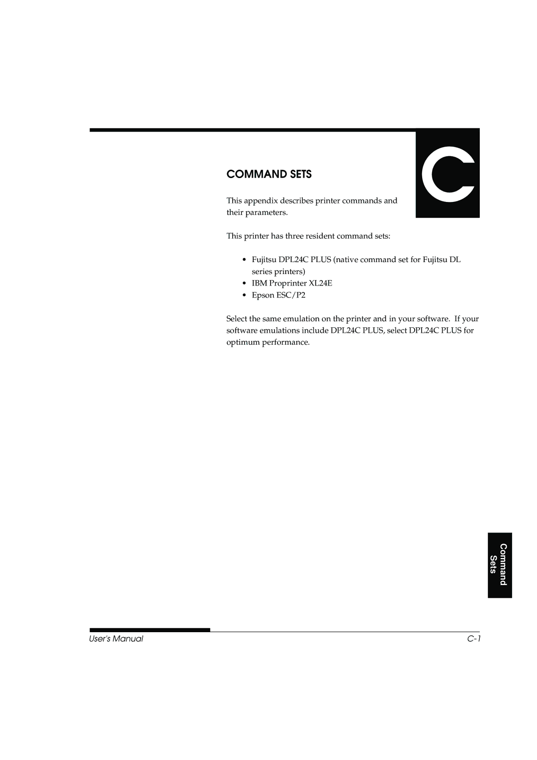 Fujitsu DL3800 manual Command Sets 