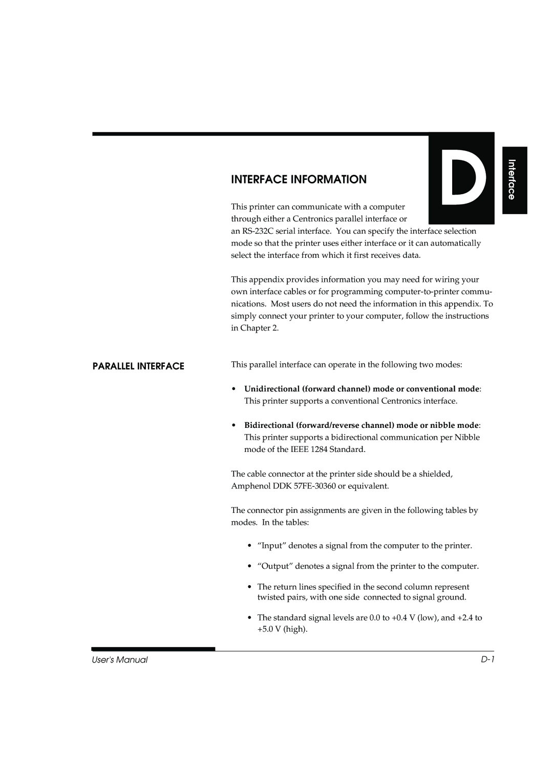 Fujitsu DL3800 manual Parallel Interface, Unidirectional forward channel mode or conventional mode 