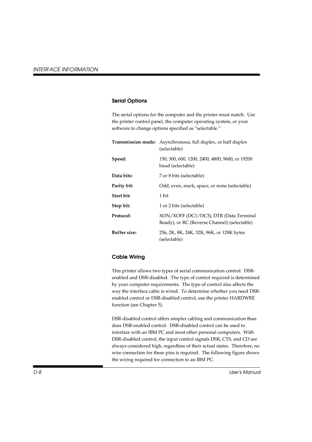 Fujitsu DL3800 manual Serial Options 