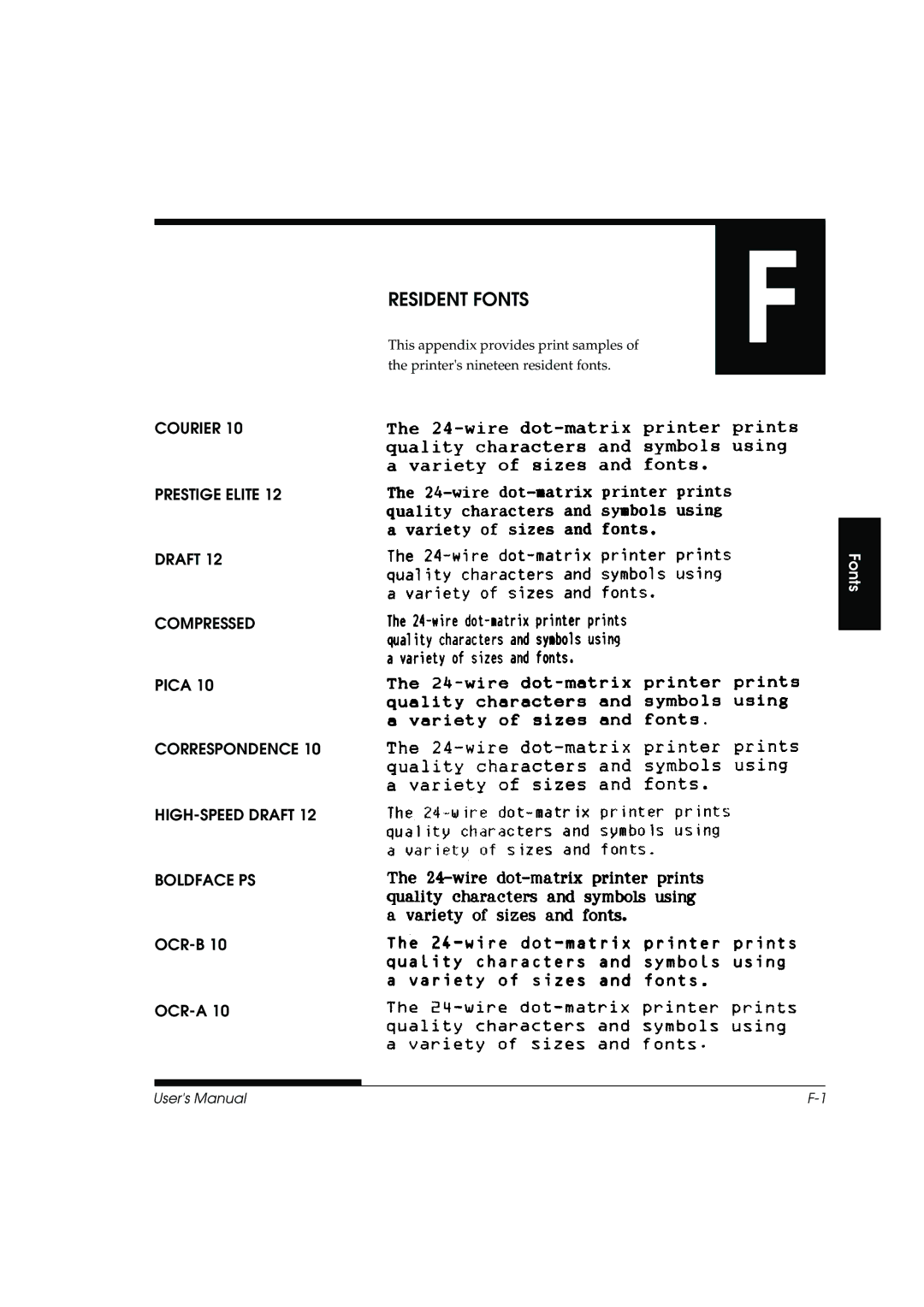 Fujitsu DL3800 manual Resident Fonts, Ocr-B Ocr-A 