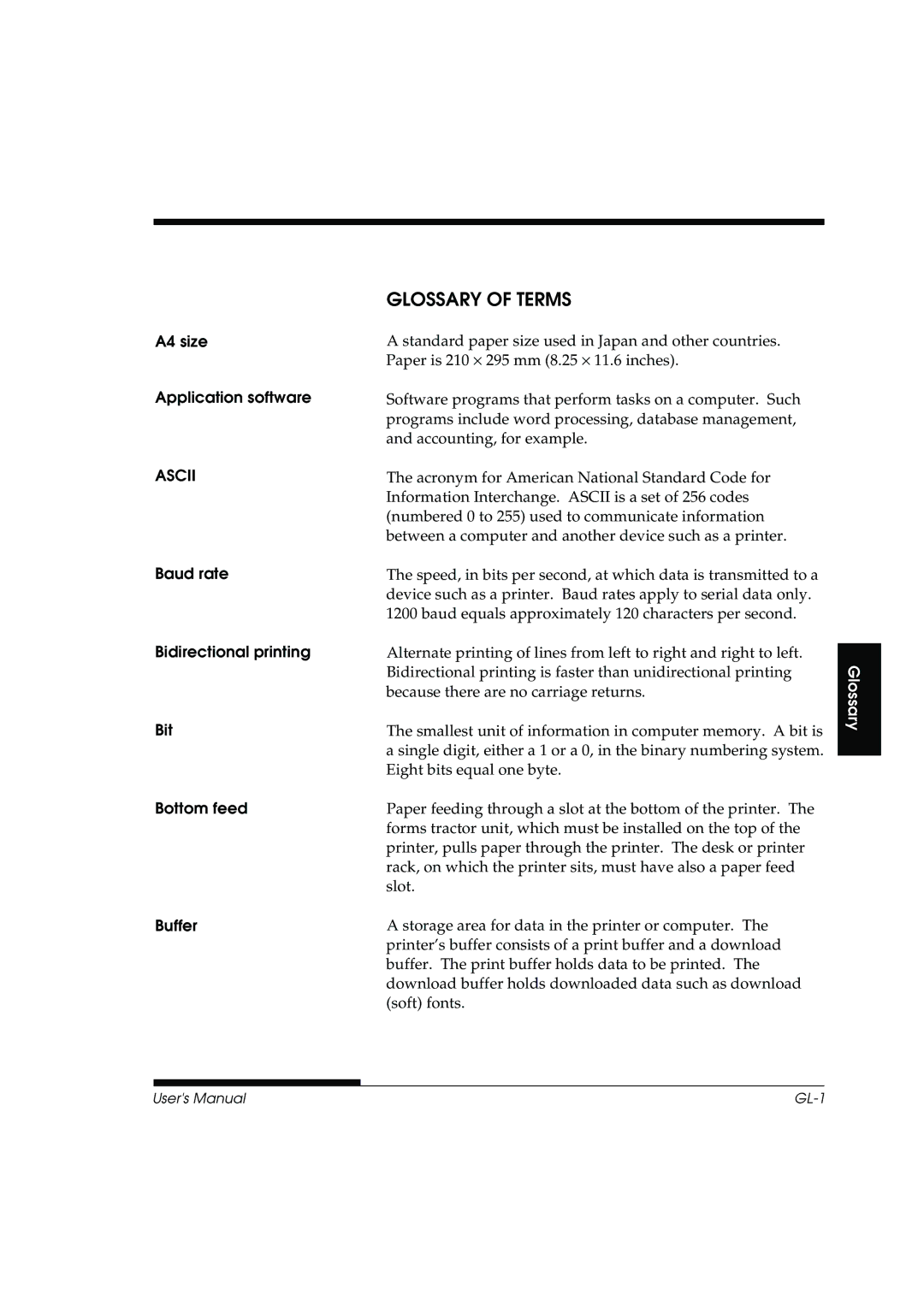 Fujitsu DL3800 manual A4 size Application software, Ascii, Baud rate Bidirectional printing Bit Bottom feed Buffer 