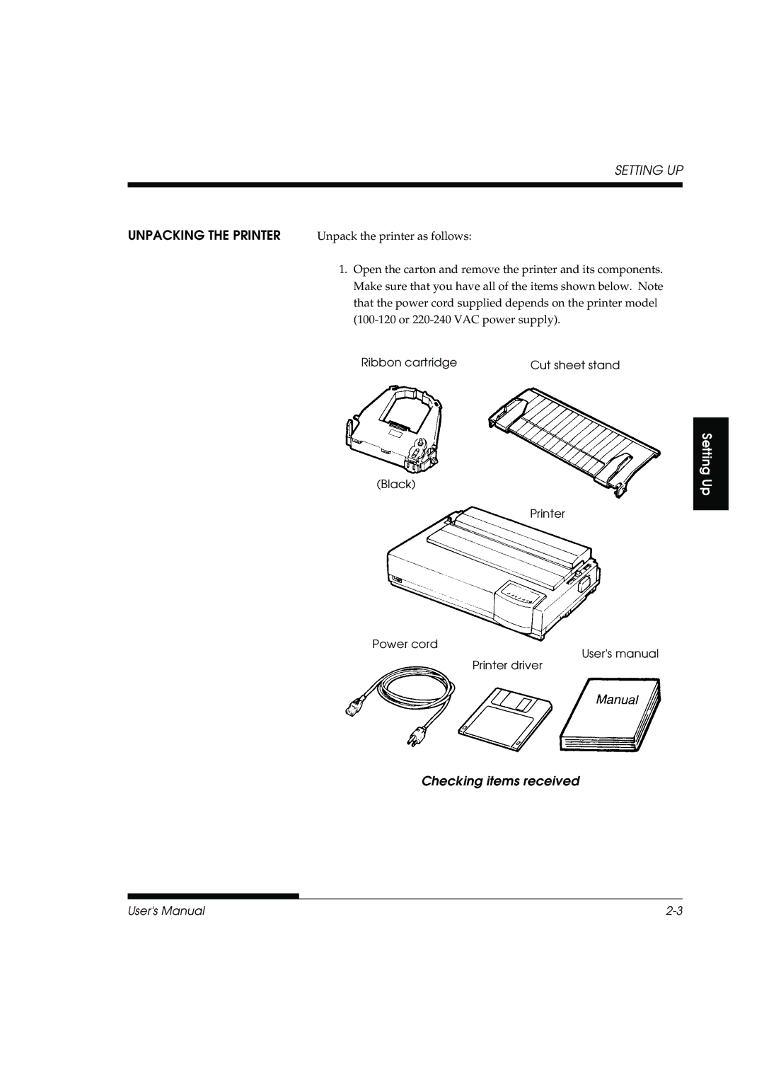 Fujitsu DL3800 manual Unpacking the Printer, Checking items received 