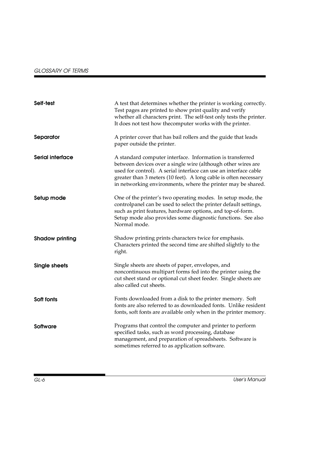 Fujitsu DL3800 manual Self-test, Separator, Serial interface, Setup mode, Shadow printing Single sheets Soft fonts Software 