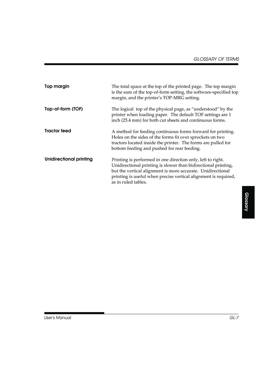 Fujitsu DL3800 manual Top margin, Top-of-form TOF Tractor feed Unidirectional printing 