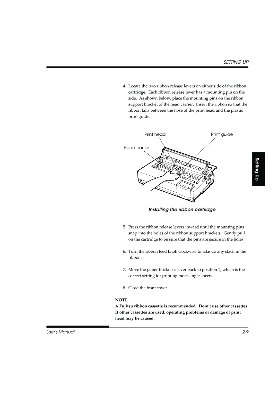 Fujitsu DL3800 manual Installing the ribbon cartridge 