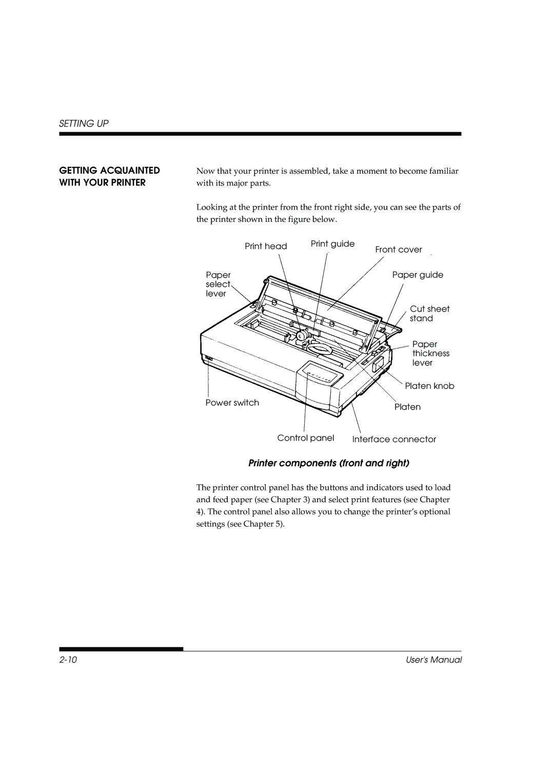 Fujitsu DL3800 manual Getting Acquainted, With Your Printer, Printer components front and right 