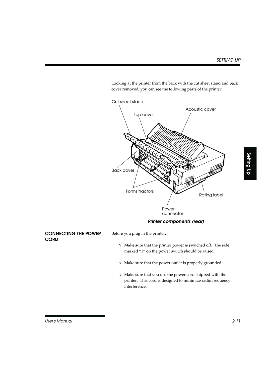 Fujitsu DL3800 manual Printer components rear, Connecting the Power, Cord 