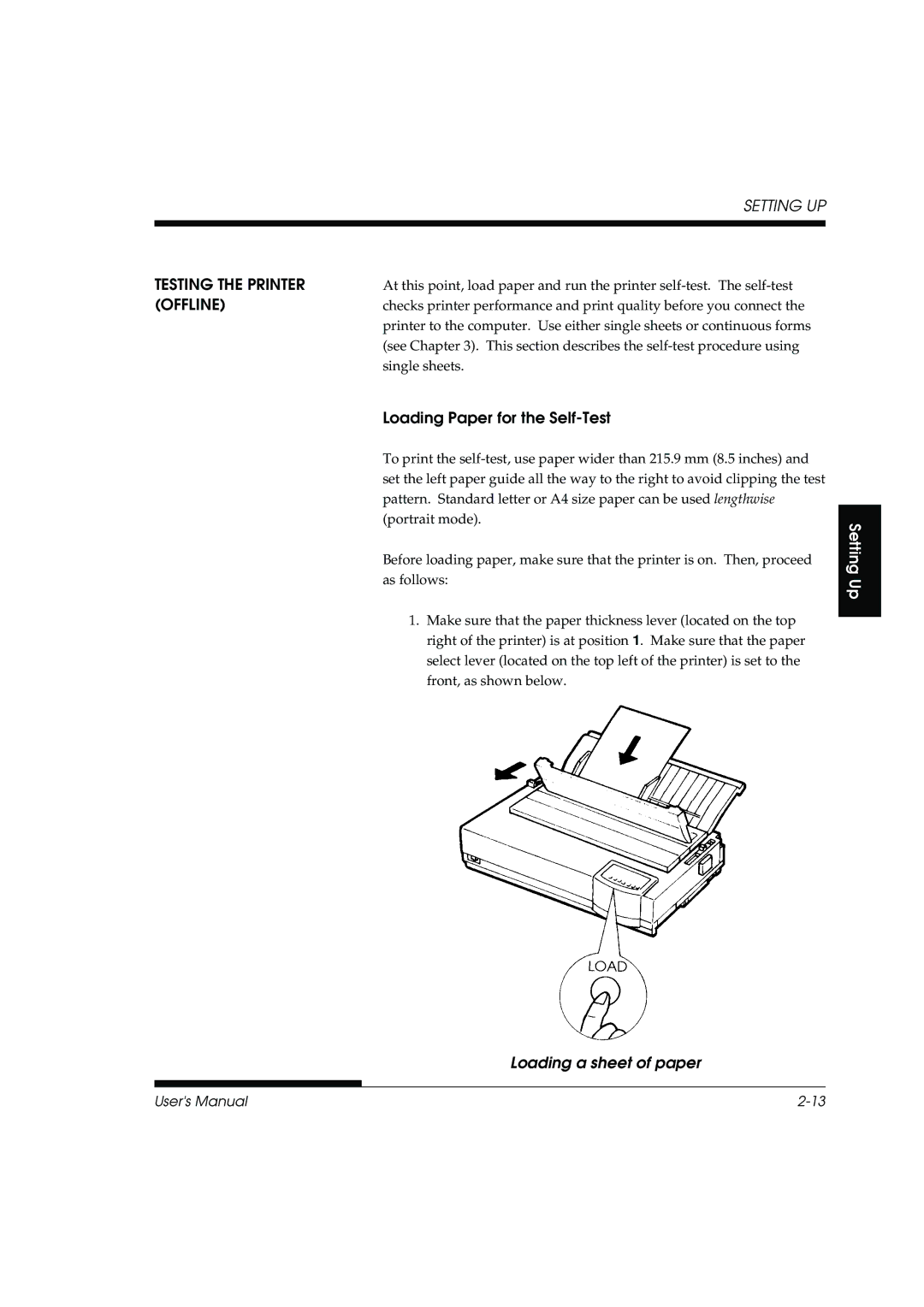 Fujitsu DL3800 manual Testing the Printer, Offline, Loading a sheet of paper 