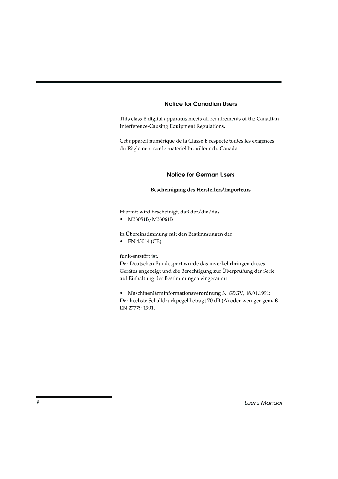 Fujitsu DL3800 manual Bescheinigung des Herstellers/Importeurs 