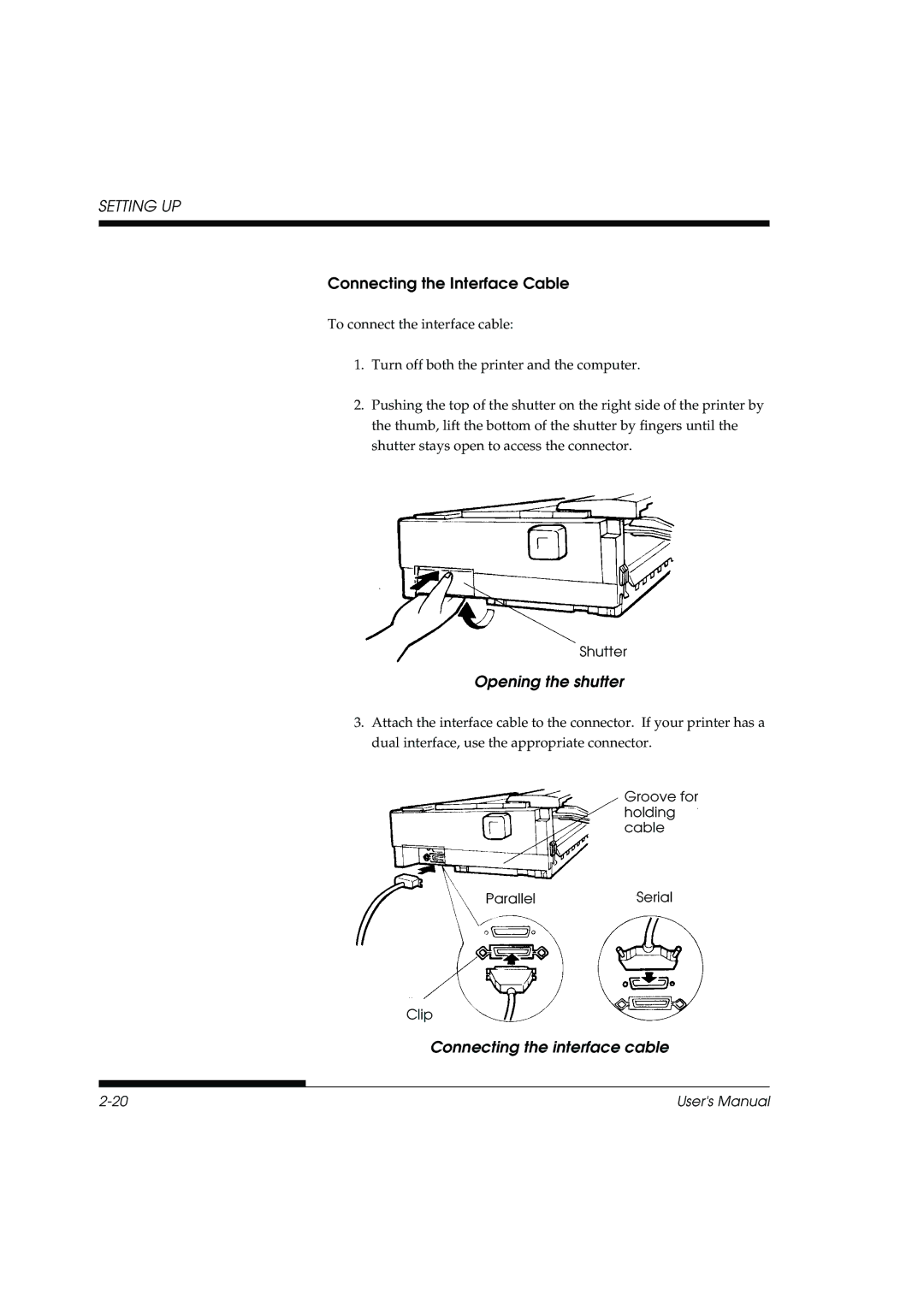 Fujitsu DL3800 manual Opening the shutter, Connecting the interface cable 