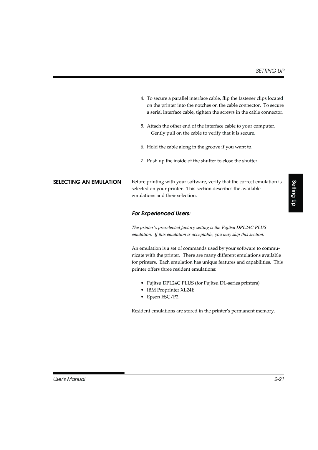 Fujitsu DL3800 manual Selecting AN Emulation, For Experienced Users 