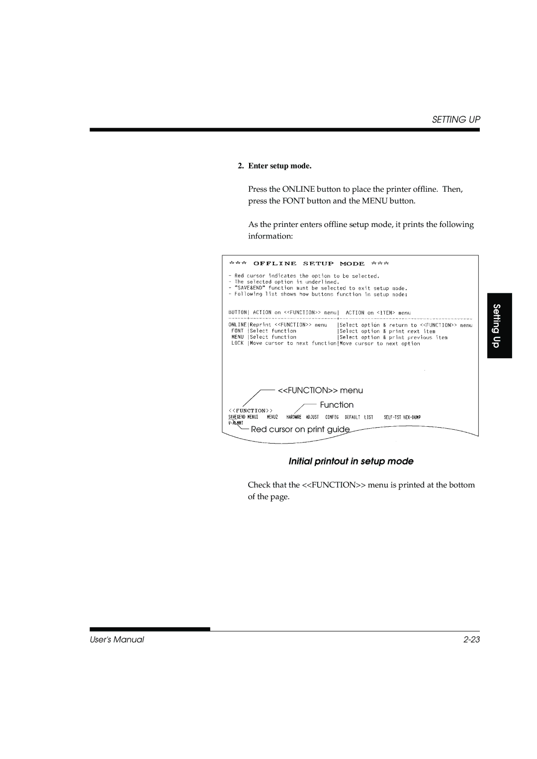 Fujitsu DL3800 manual Initial printout in setup mode, Enter setup mode 