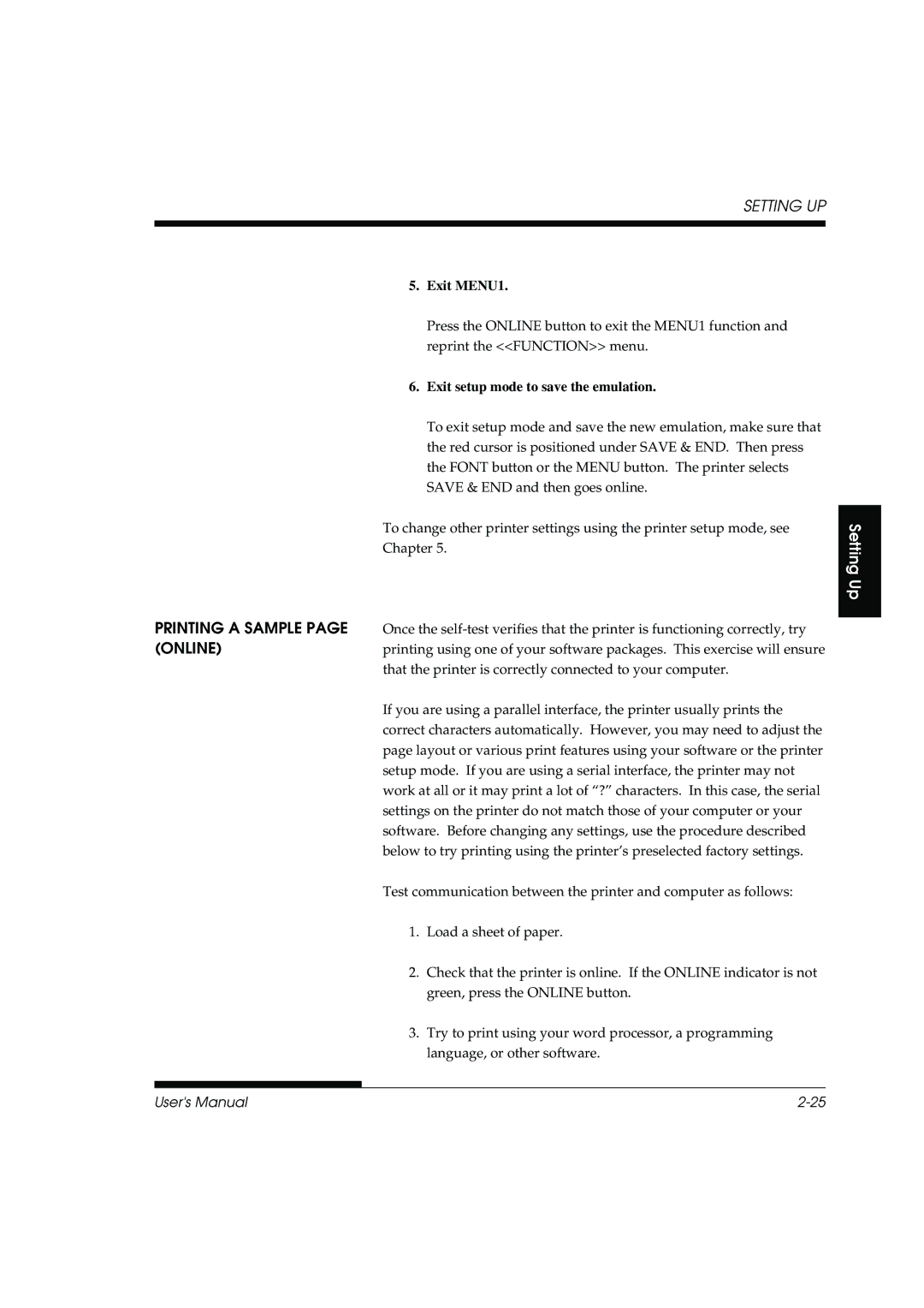 Fujitsu DL3800 manual Exit MENU1, Exit setup mode to save the emulation 