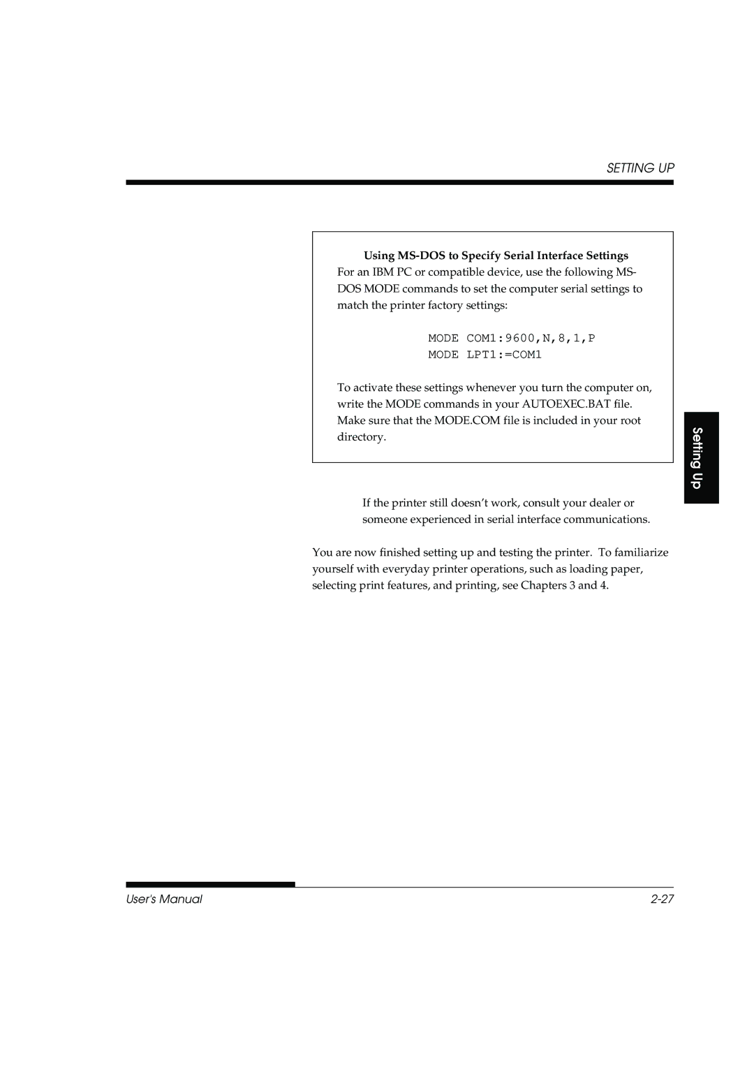 Fujitsu DL3800 manual Mode LPT1=COM1, Using MS-DOS to Specify Serial Interface Settings 