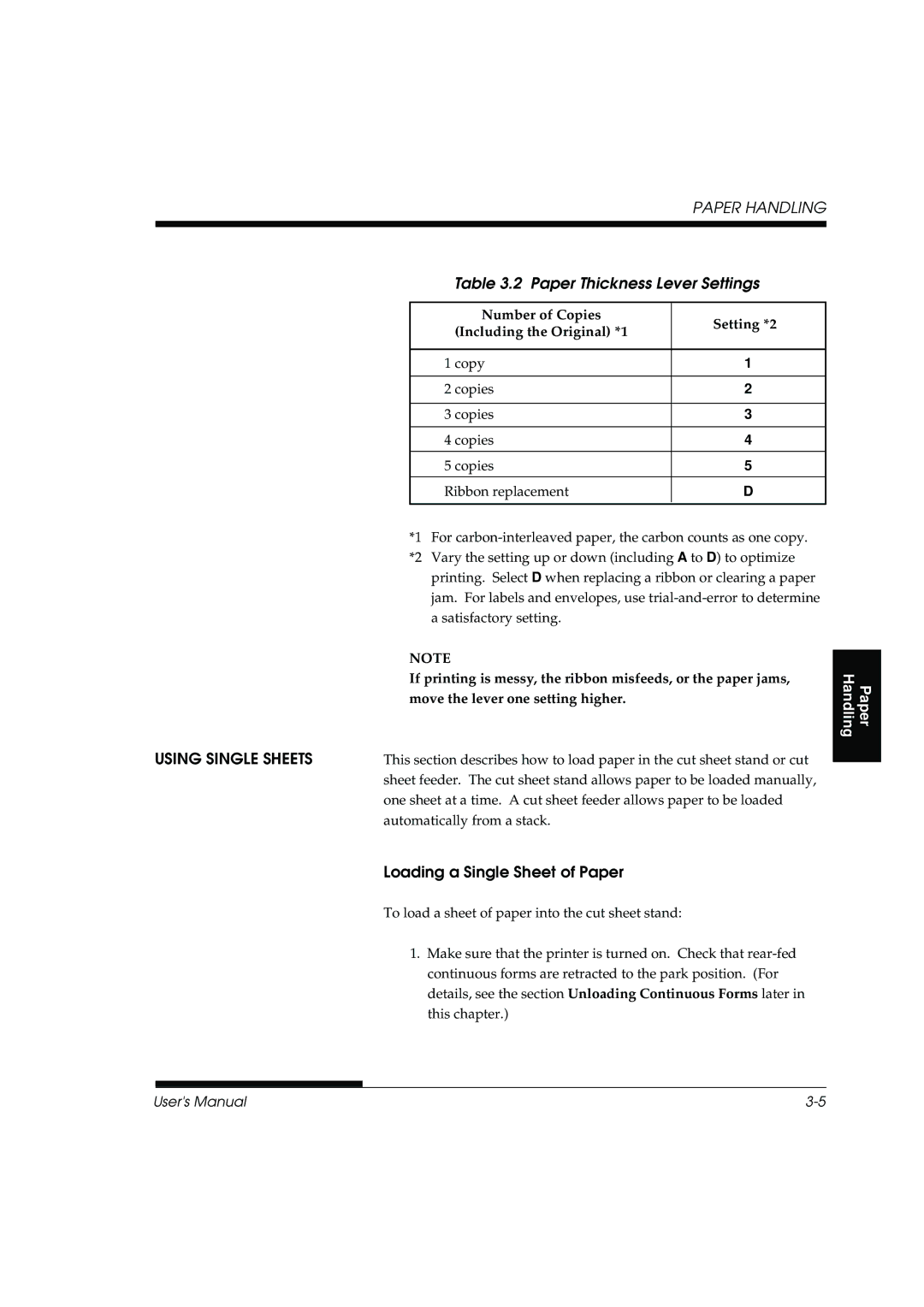 Fujitsu DL3800 manual Paper Thickness Lever Settings, Using Single Sheets, Loading a Single Sheet of Paper 