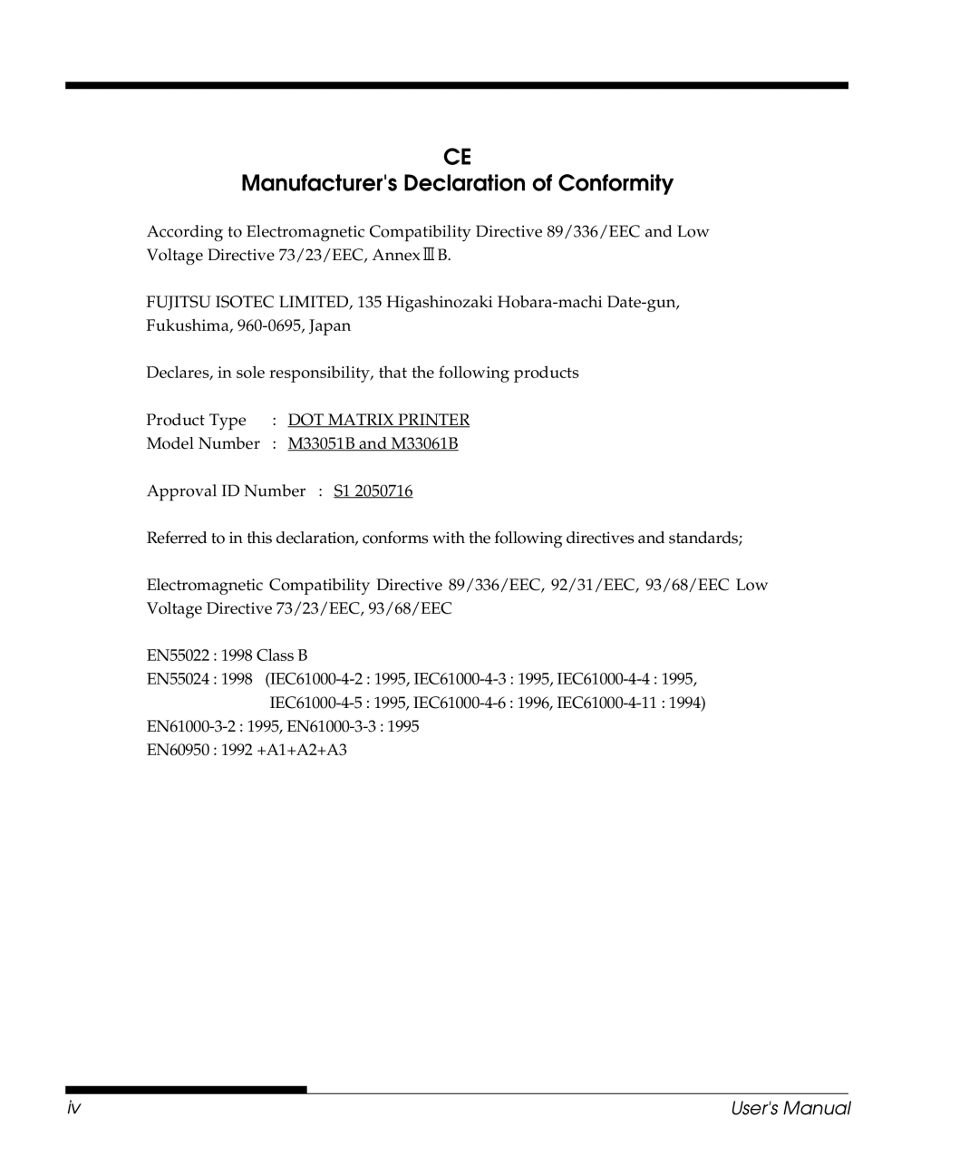 Fujitsu DL3800 manual Manufacturers Declaration of Conformity, DOT Matrix Printer 