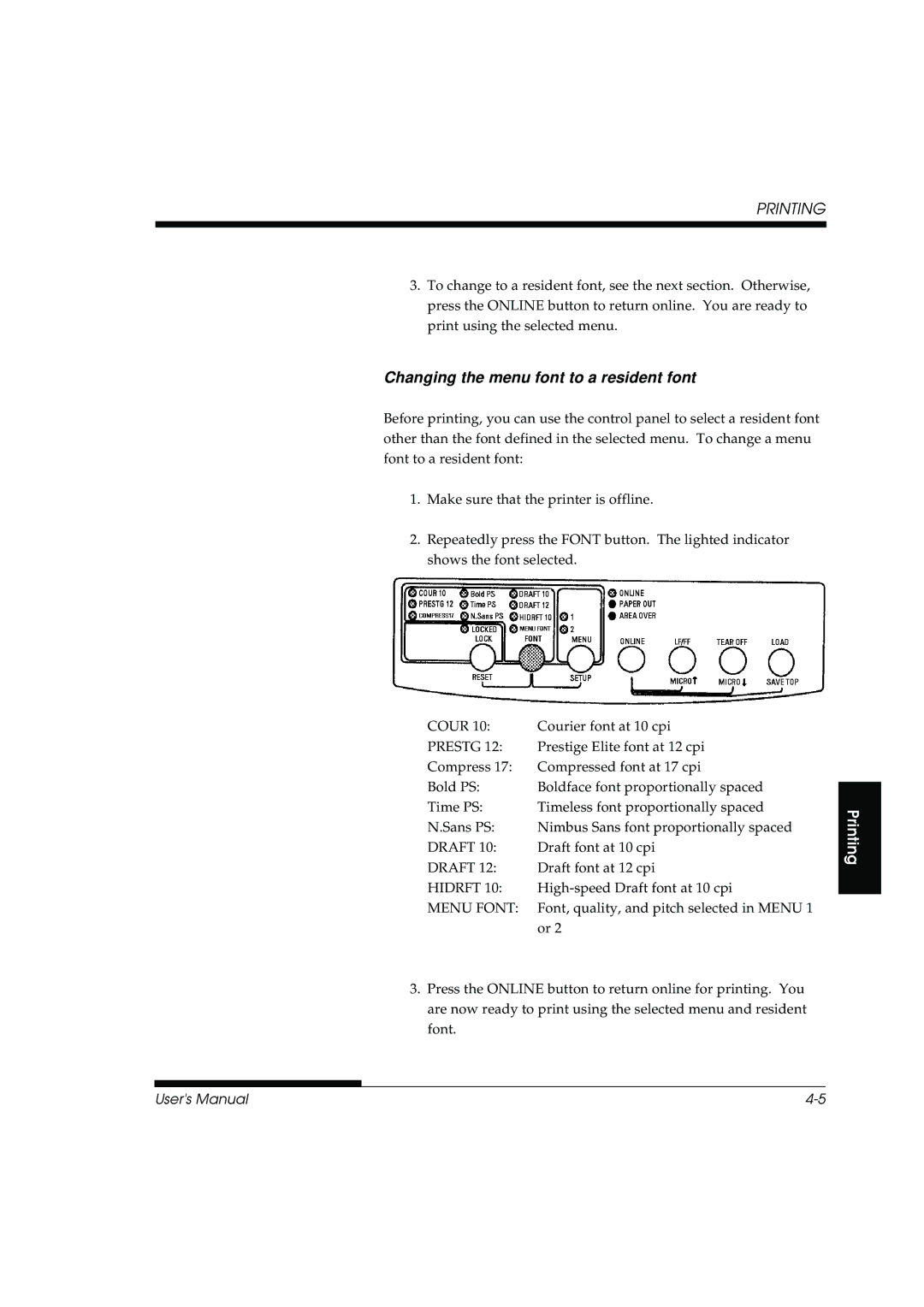 Fujitsu DL3800 manual Prestg, Draft, Hidrft, Menu Font 