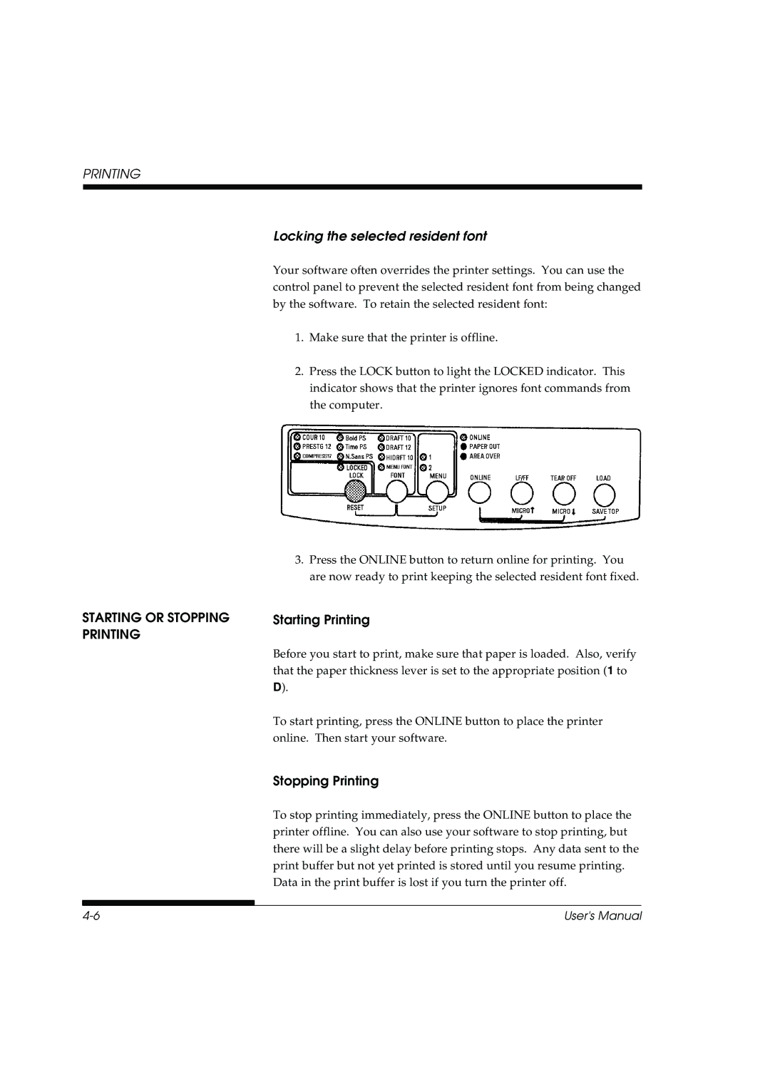 Fujitsu DL3800 manual Locking the selected resident font, Starting or Stopping Printing 