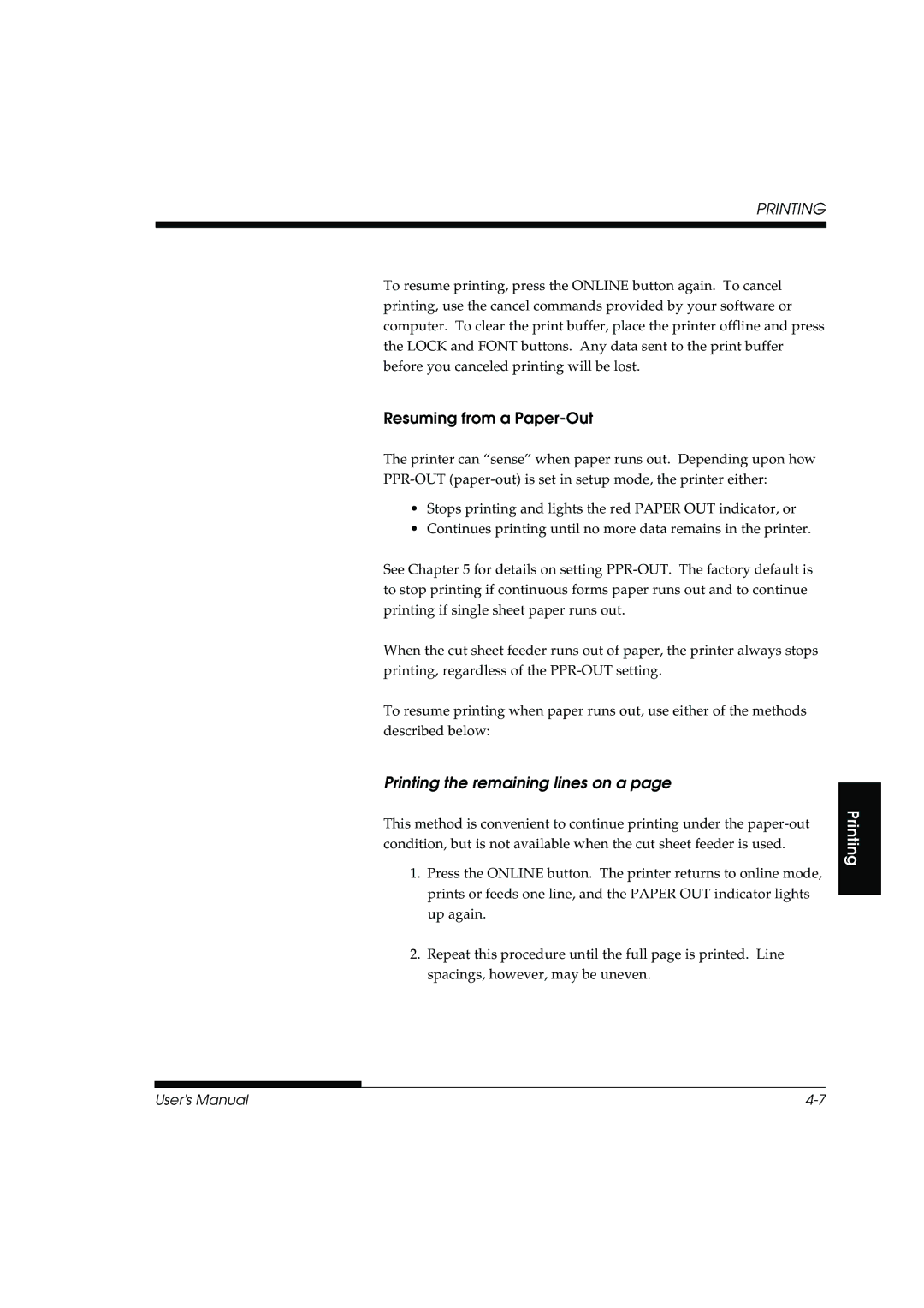 Fujitsu DL3800 manual Resuming from a Paper-Out, Printing the remaining lines on a 