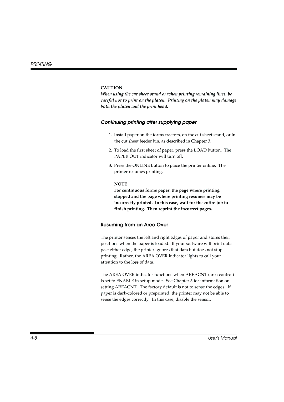 Fujitsu DL3800 manual Continuing printing after supplying paper, Resuming from an Area Over 